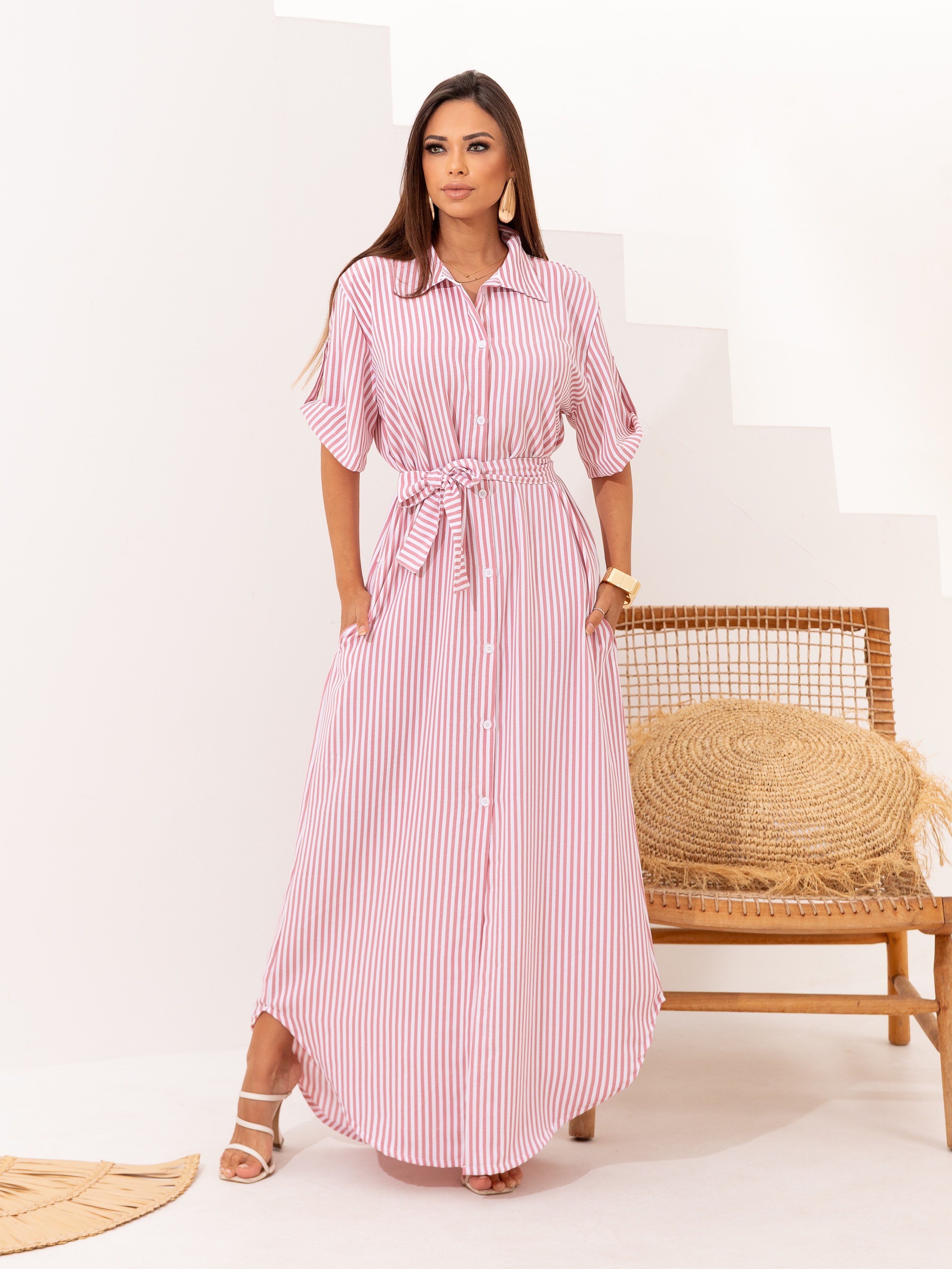 Vestido Chemise Listrado Longo, Perfeito Moda De Verão