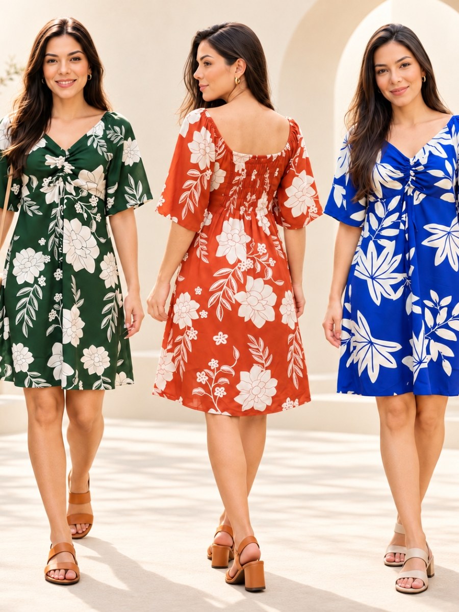 Vestido curto evangélico estampado manga flare