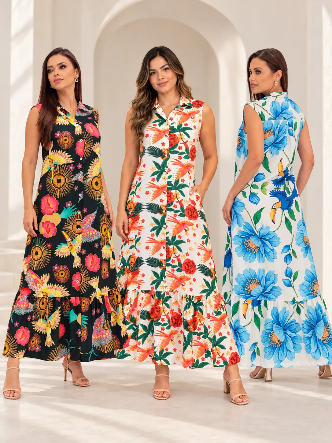 Vestido Chemise Regata Estampa Tropical - Coleção Verão