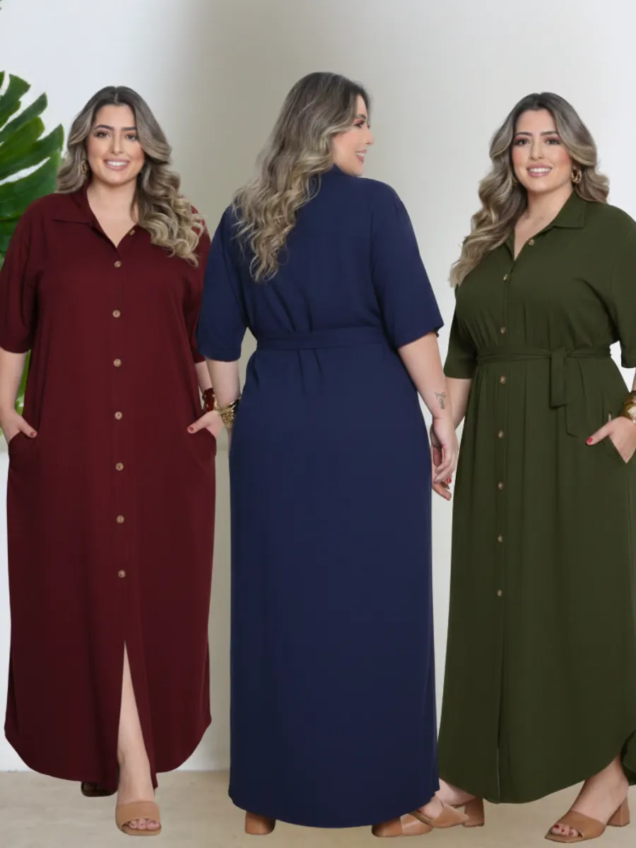 Vestido Chemise Feminino PLUS SIZE Cinto Botões frente