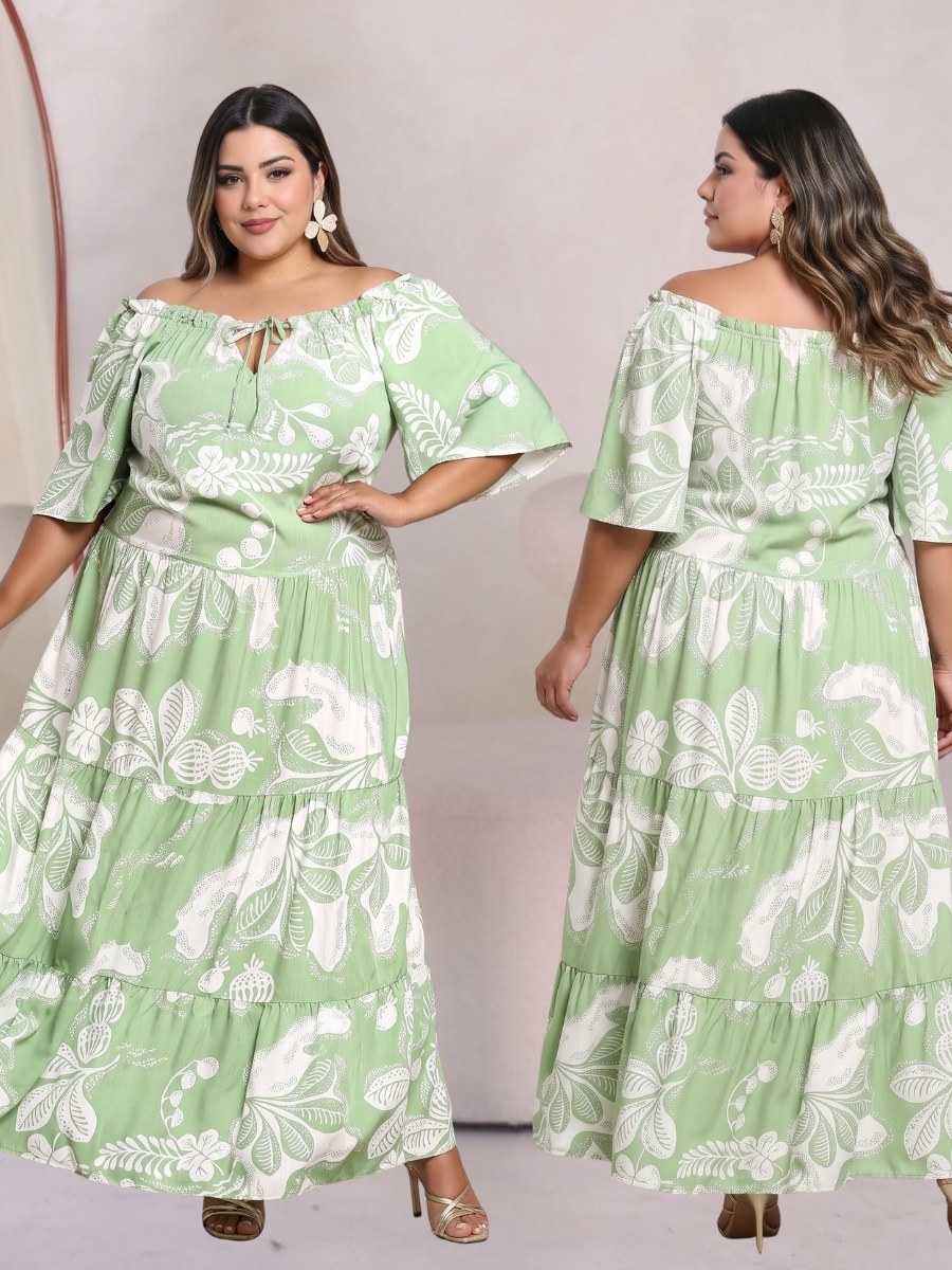 Vestido Feminino Plus Size Longo Três Marias Ombro a Ombro