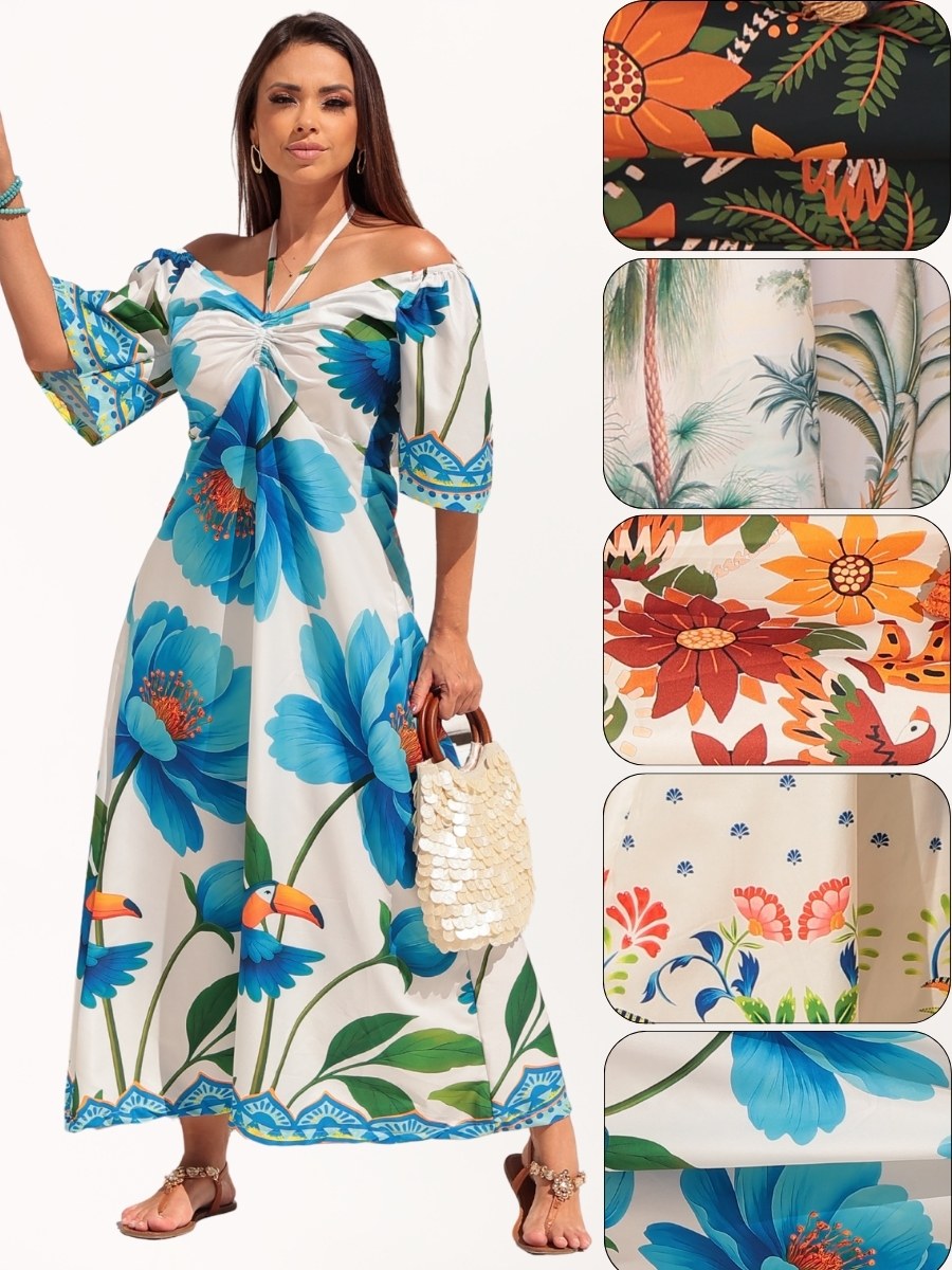 Vestido Longo Jardim Encantado Tropical Lastex nas Costas