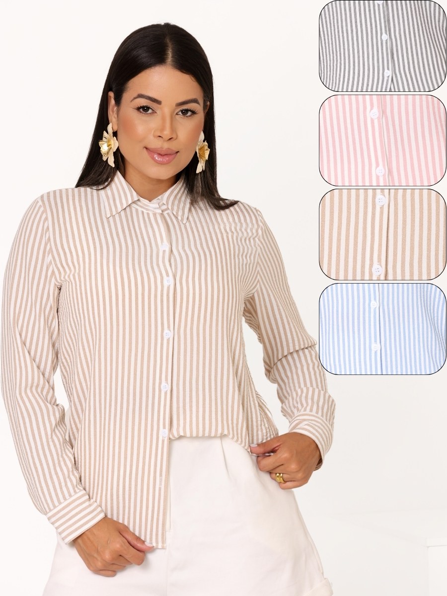 Camisa Social Feminina Listrada Manga Longa para Dia a Dia
