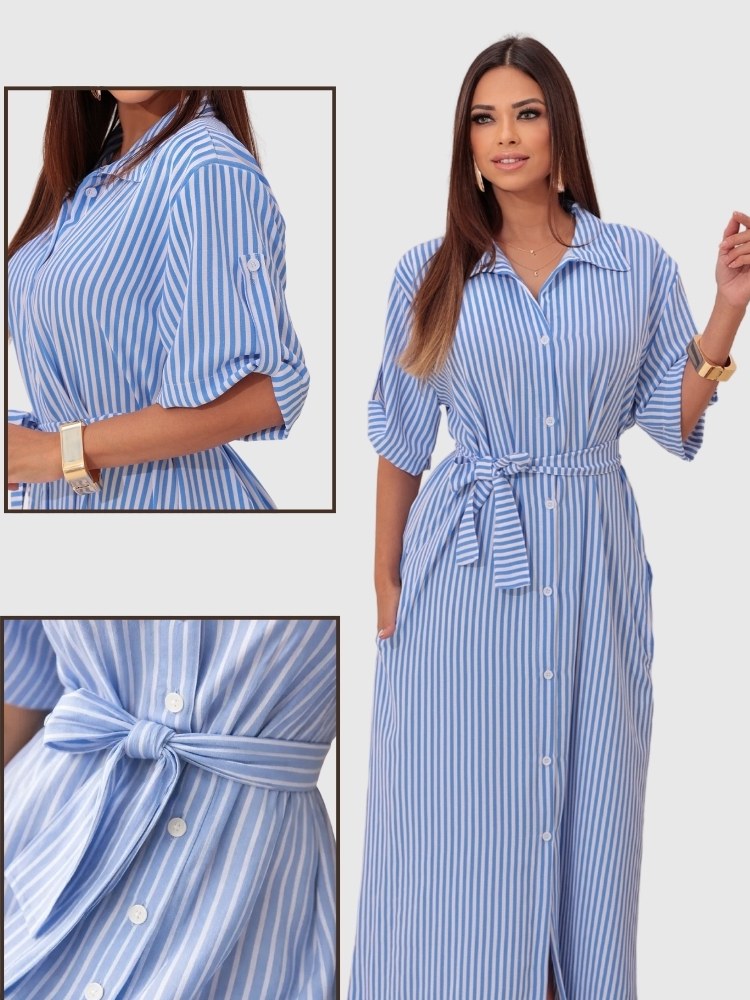 Vestido Chemise Listrado Longo, Perfeito Moda De Verão
