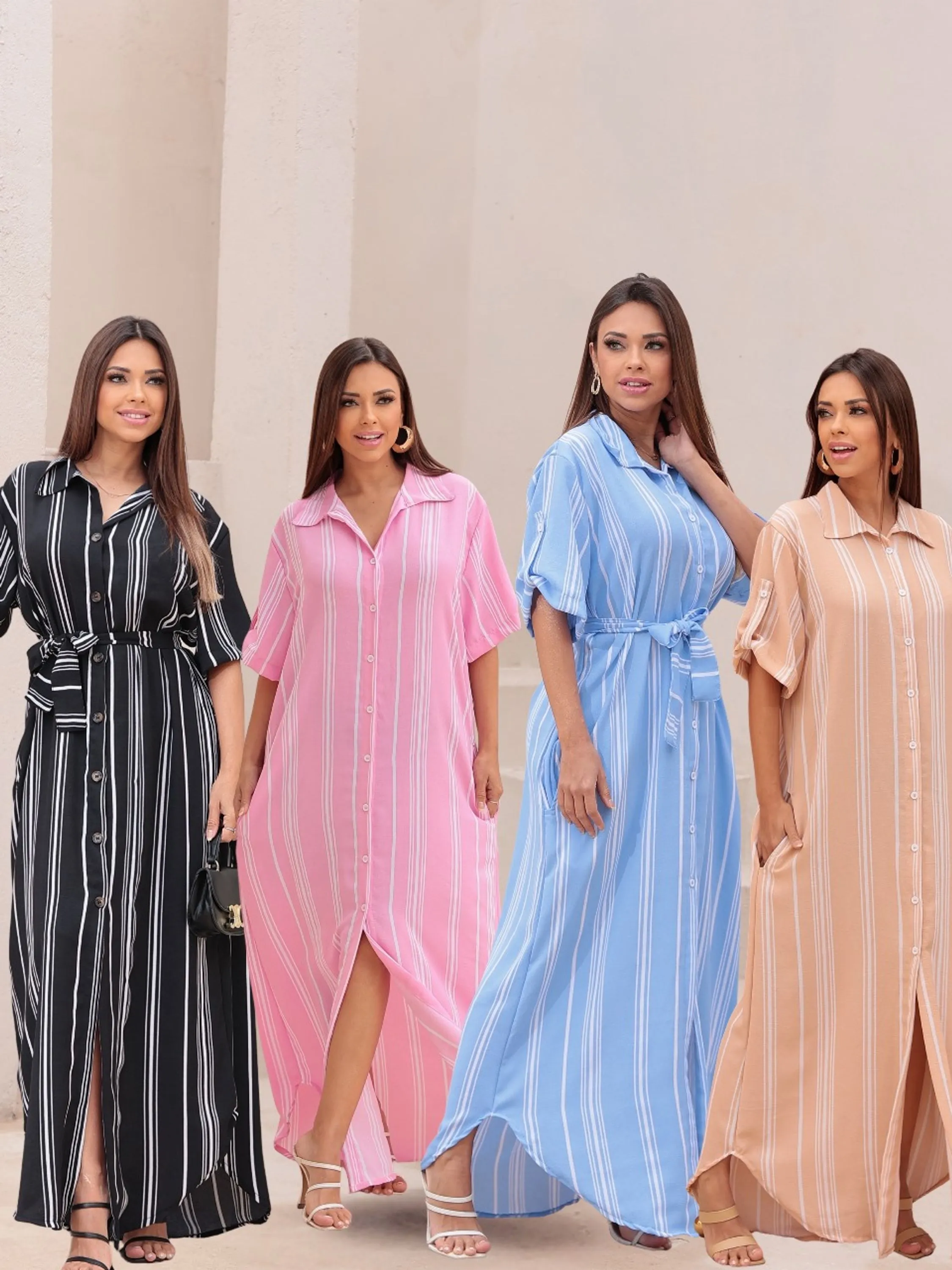 Vestido Chemise Listrado Longo, Perfeito Moda De Verão