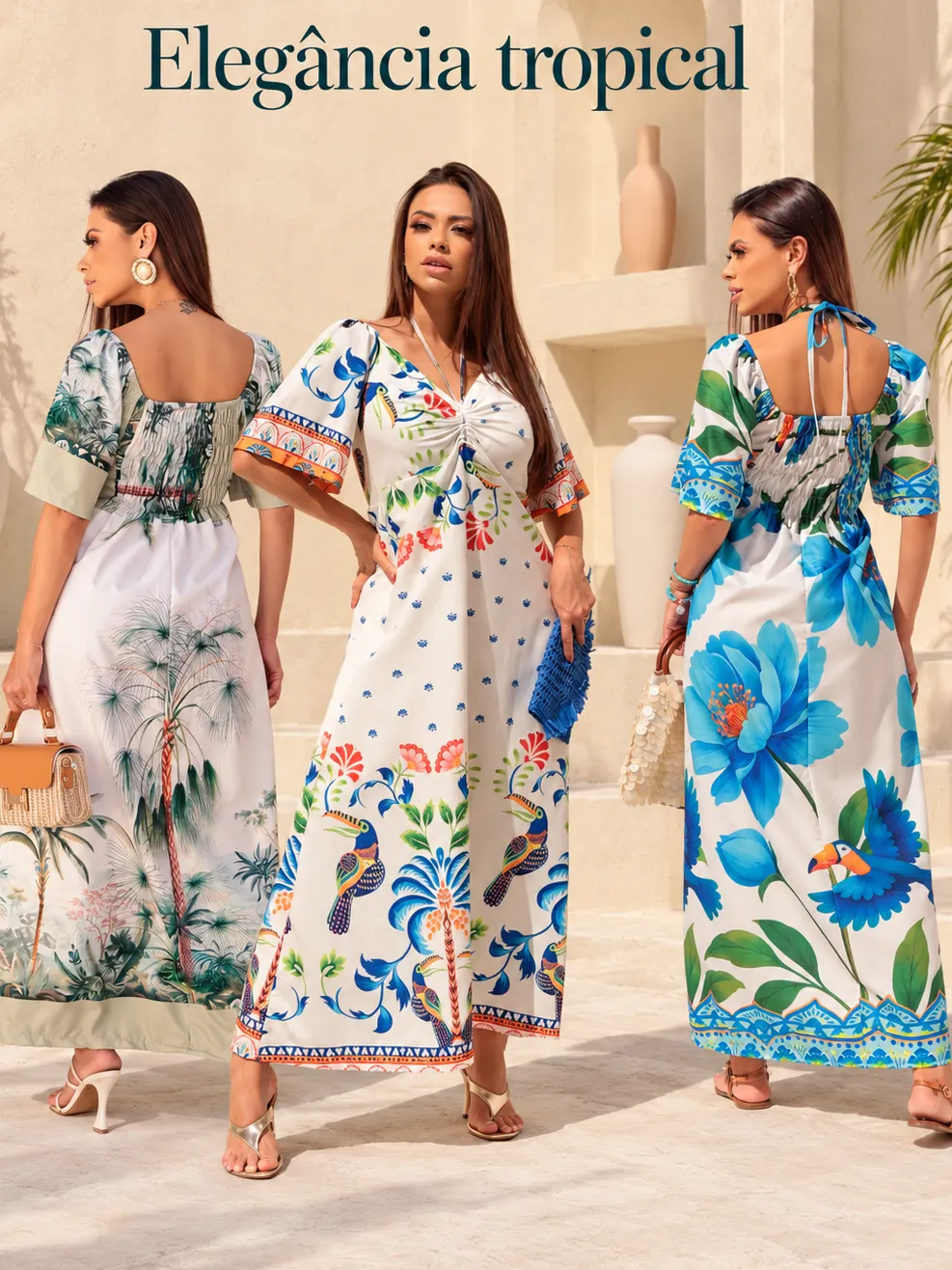 Vestido Longo Jardim Encantado Tropical Lastex nas Costas