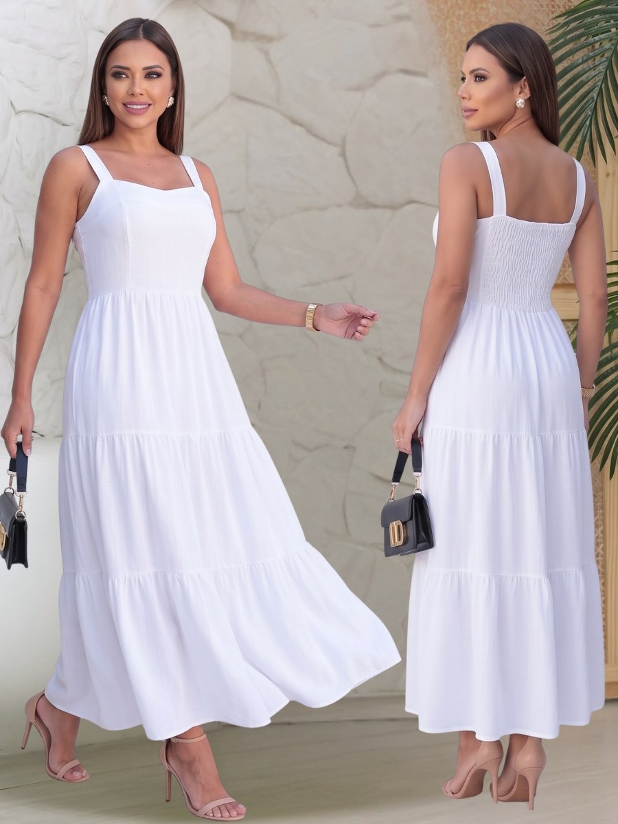 Vestido Feminino Midi Alça Três Marias com Lastex nas Costas
