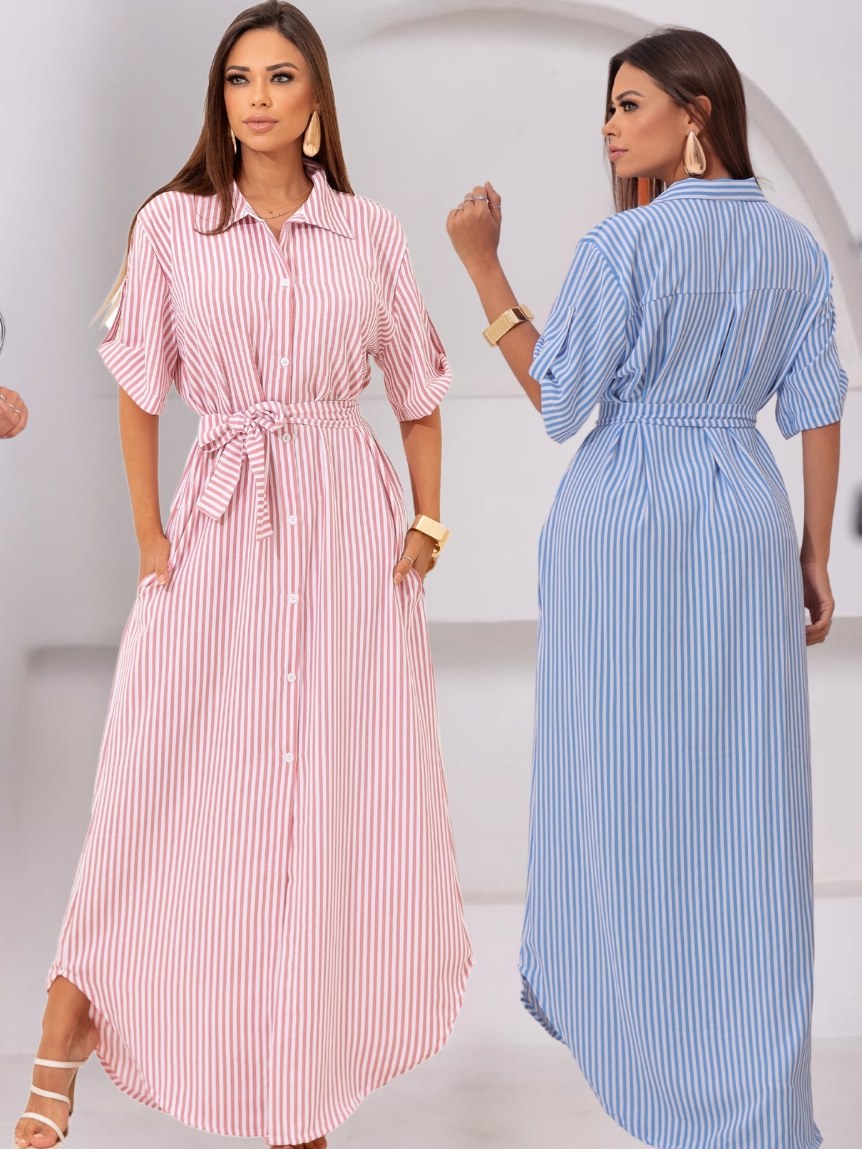 Vestido Chemise Listrado Longo, Perfeito Moda De Verão