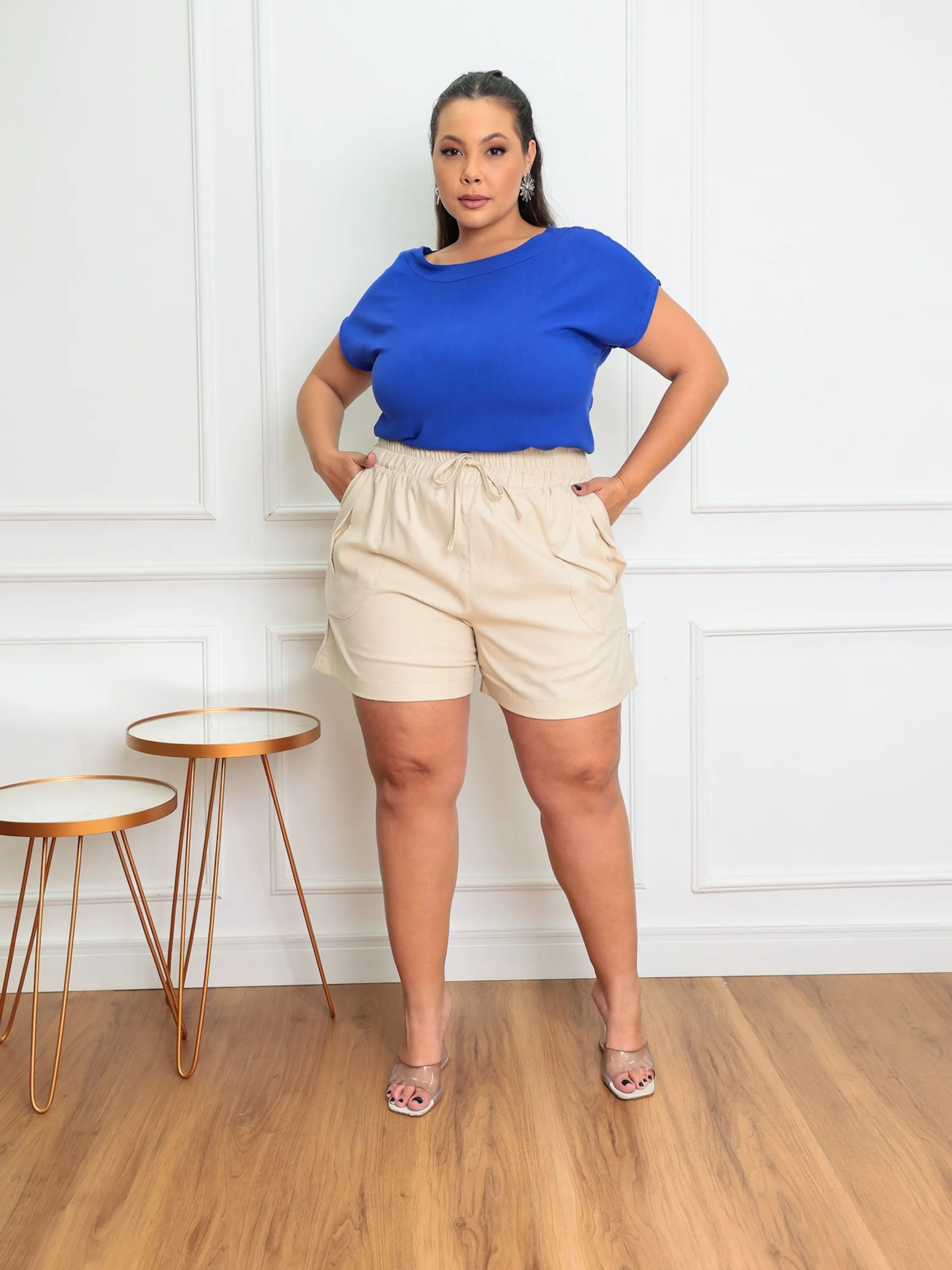 Shorts Linho com Elastano forrado Plus Size