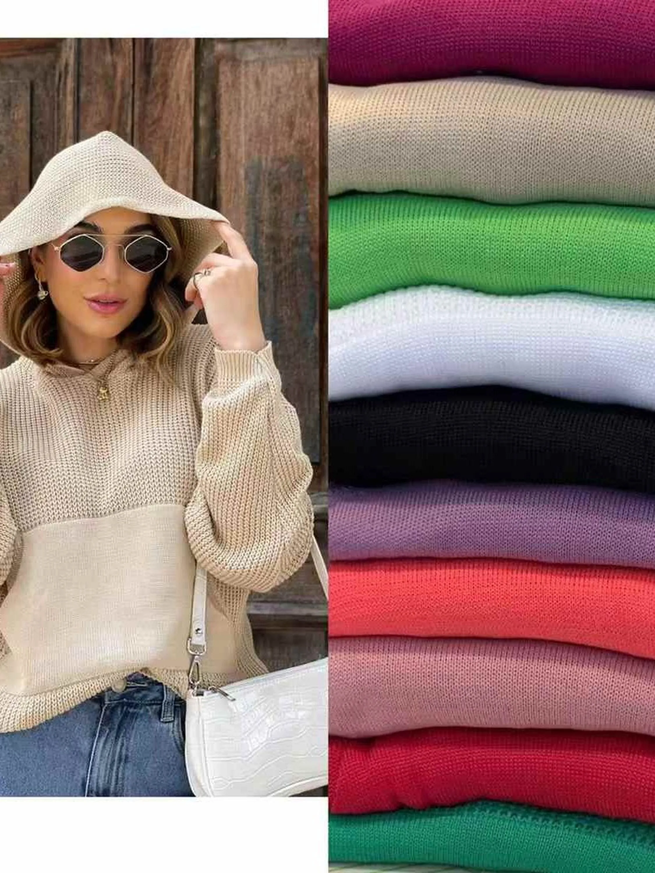 Blusa tricô com capuz e bolso