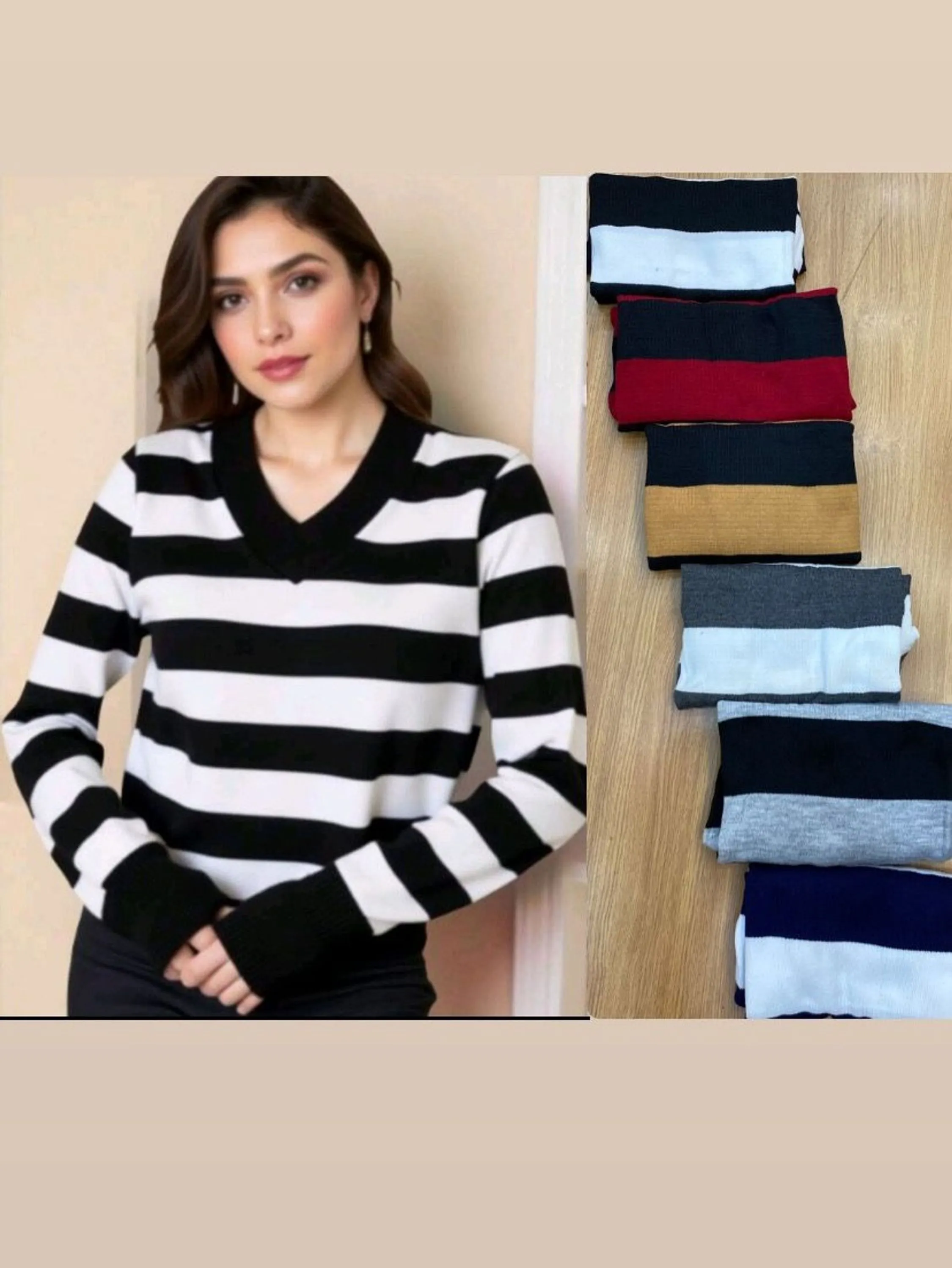 Blusa tricô gola V listrada