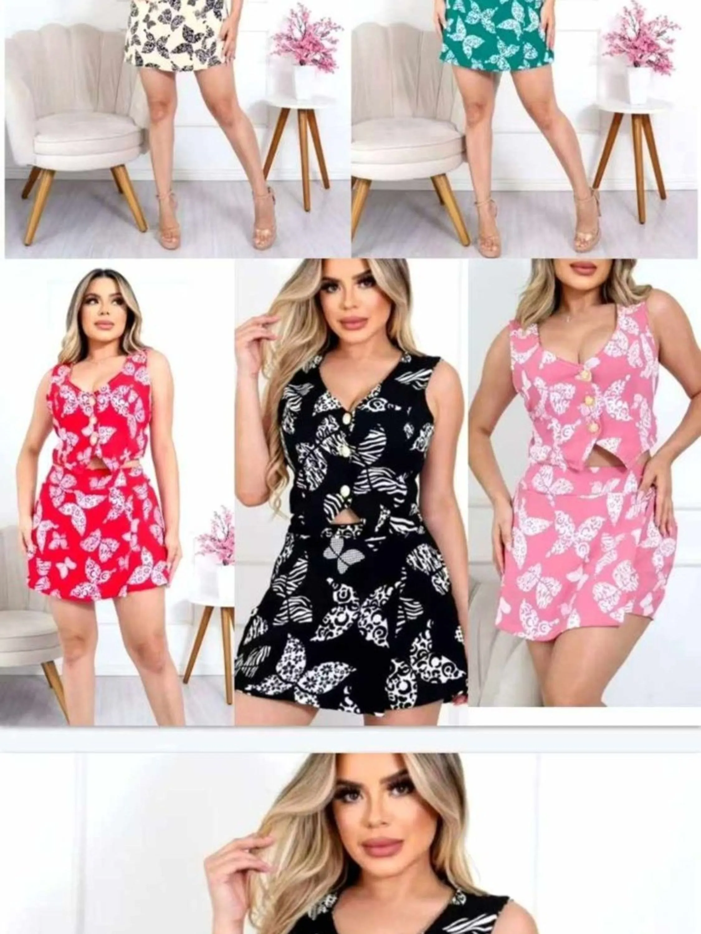 Conjunto Floral colete e short saía tecido Duna