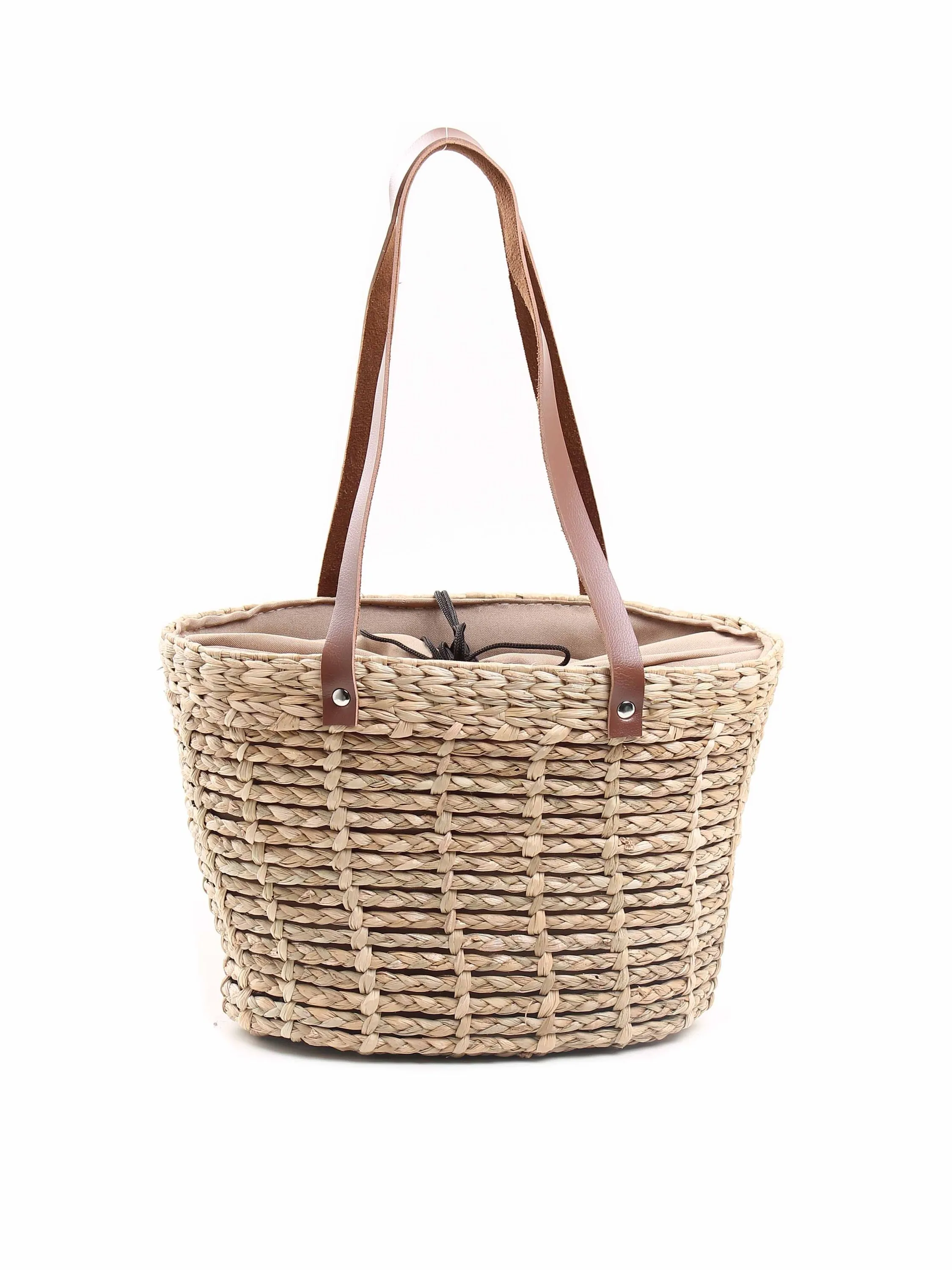 Bolsa de palha com alça de couro 11159920