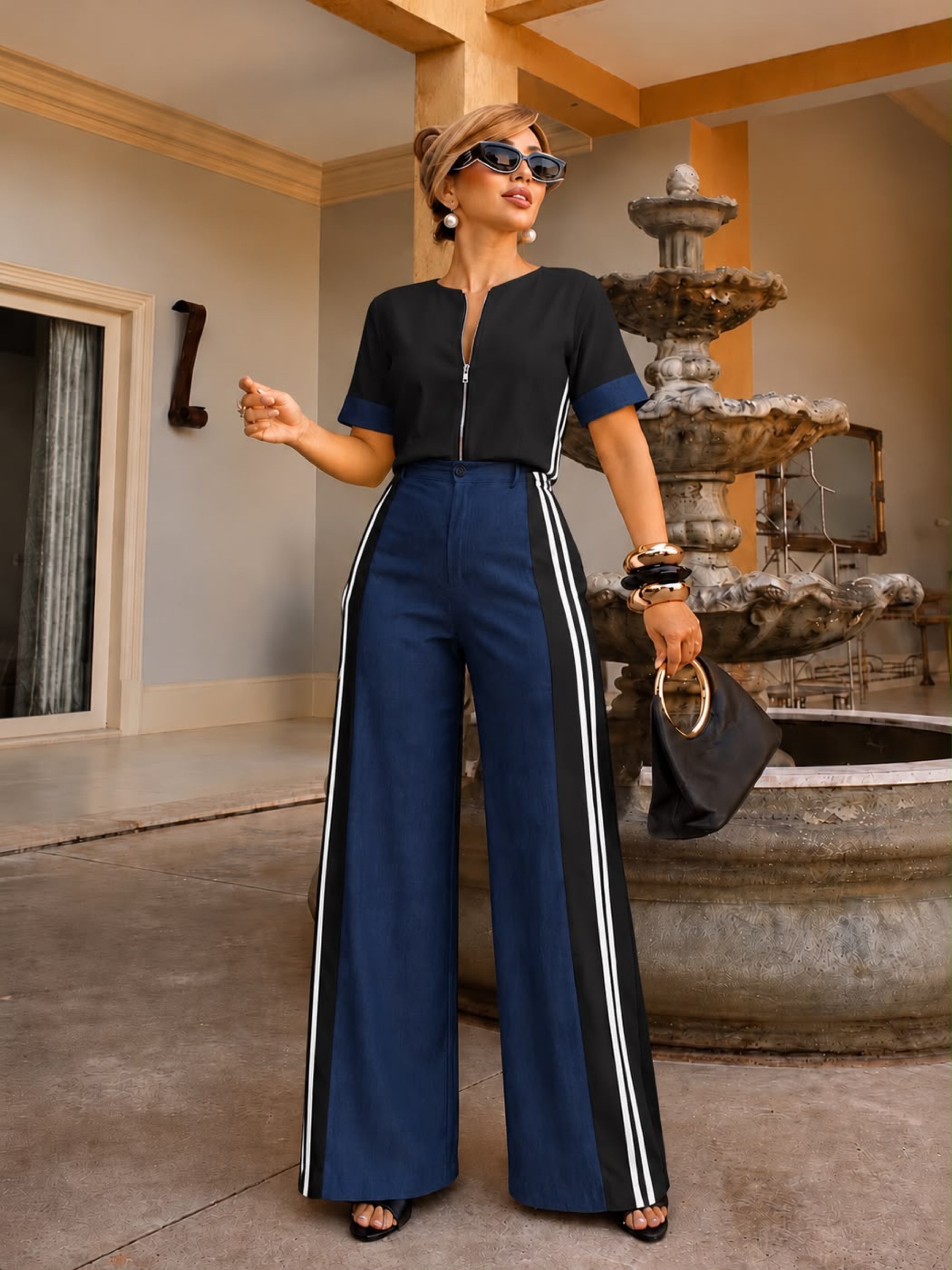 Conjunto Feminino Denim Bicolor com zíper e calça pantalona