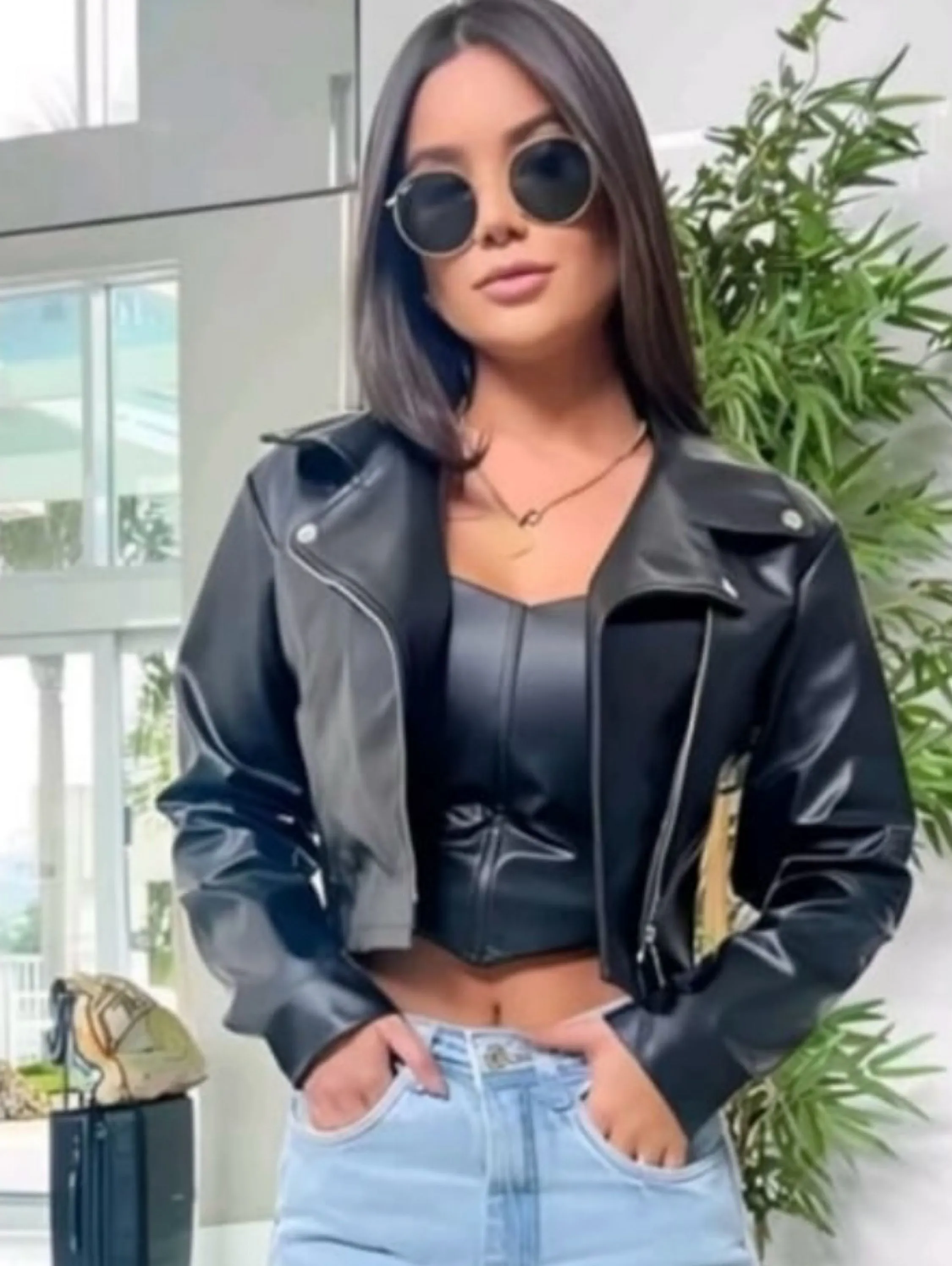 Blusa Jaqueta couro fake  manga longa inverno