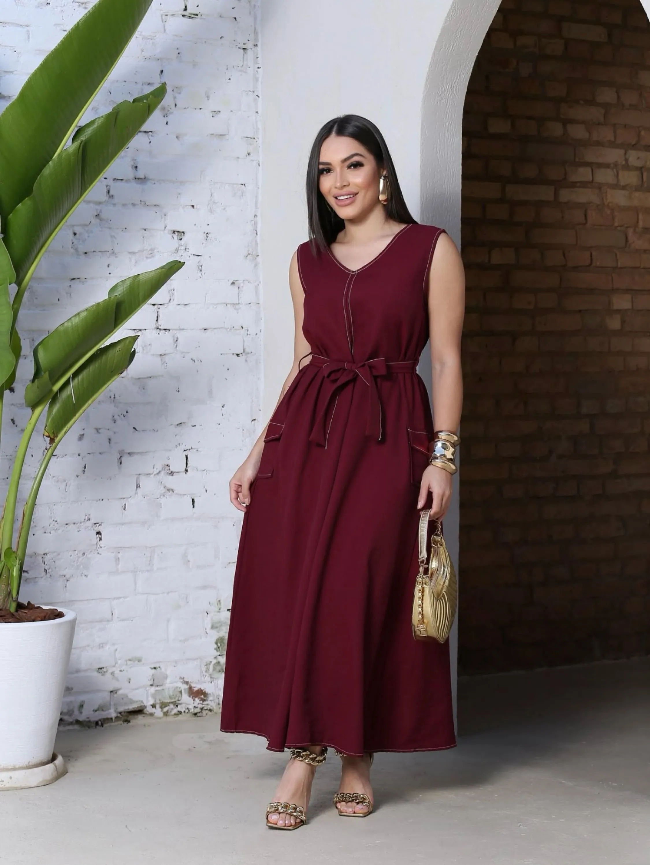 Vestido Monica tecido marrant acompanha  cinto