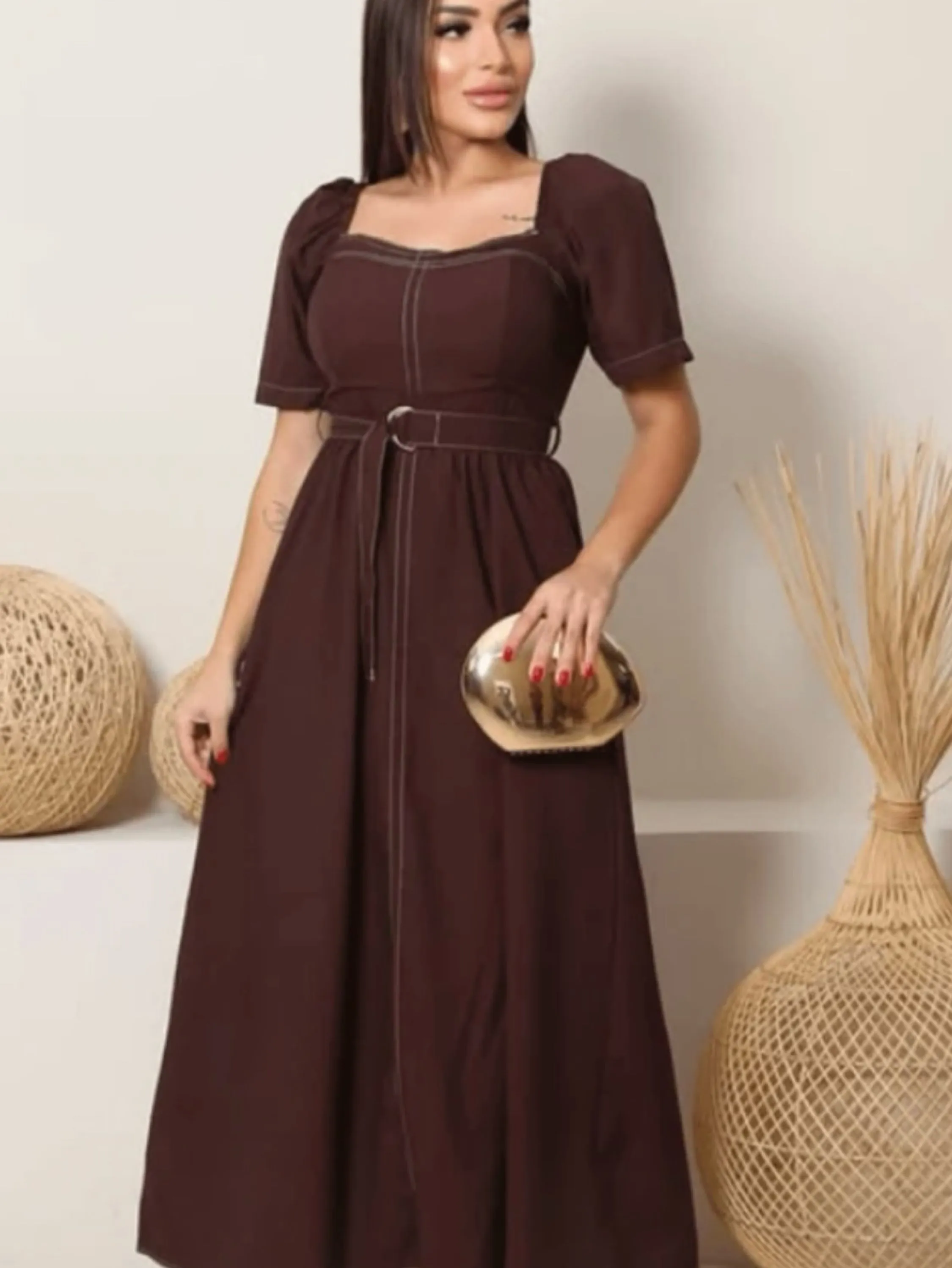 Vestido mid longo Katalina tecido marrant alfaiataria