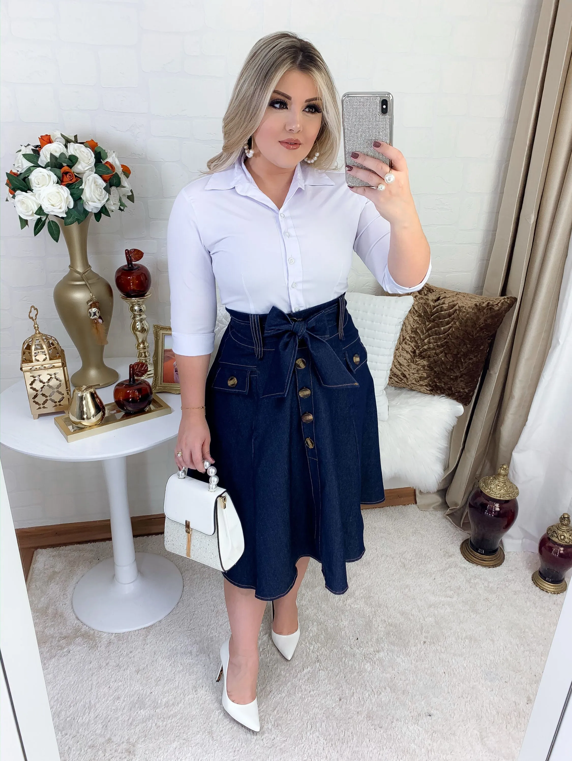 SAIA RODADA MIDI COM CINTO E BOTÕES FULL SIZE|Moda Evangélica|Moda Feminina