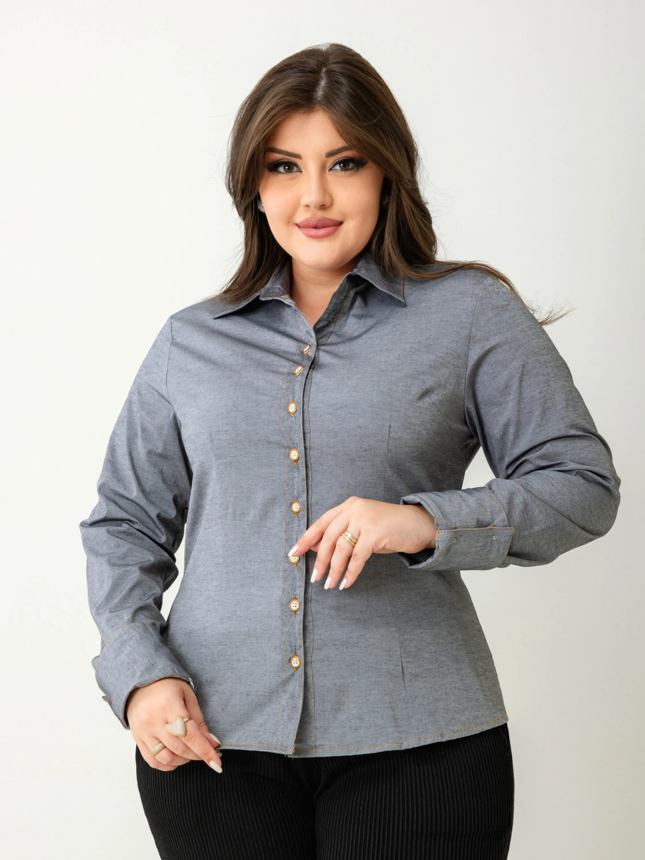 Camisa Manga Longa Tons de Jeans Plus Size| Blusa Feminina| Social