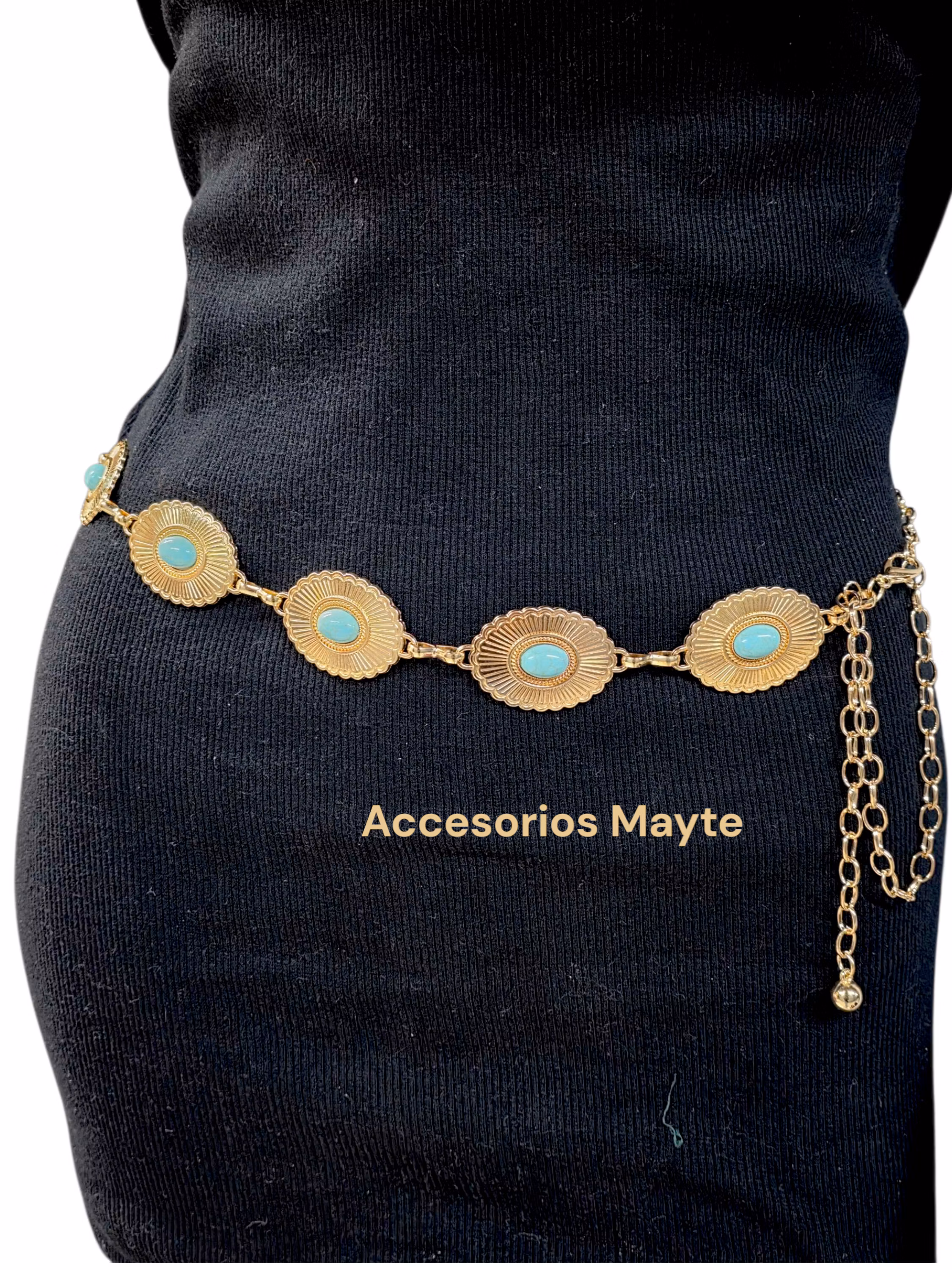 Cinto corrente com pedra azul modelo oval