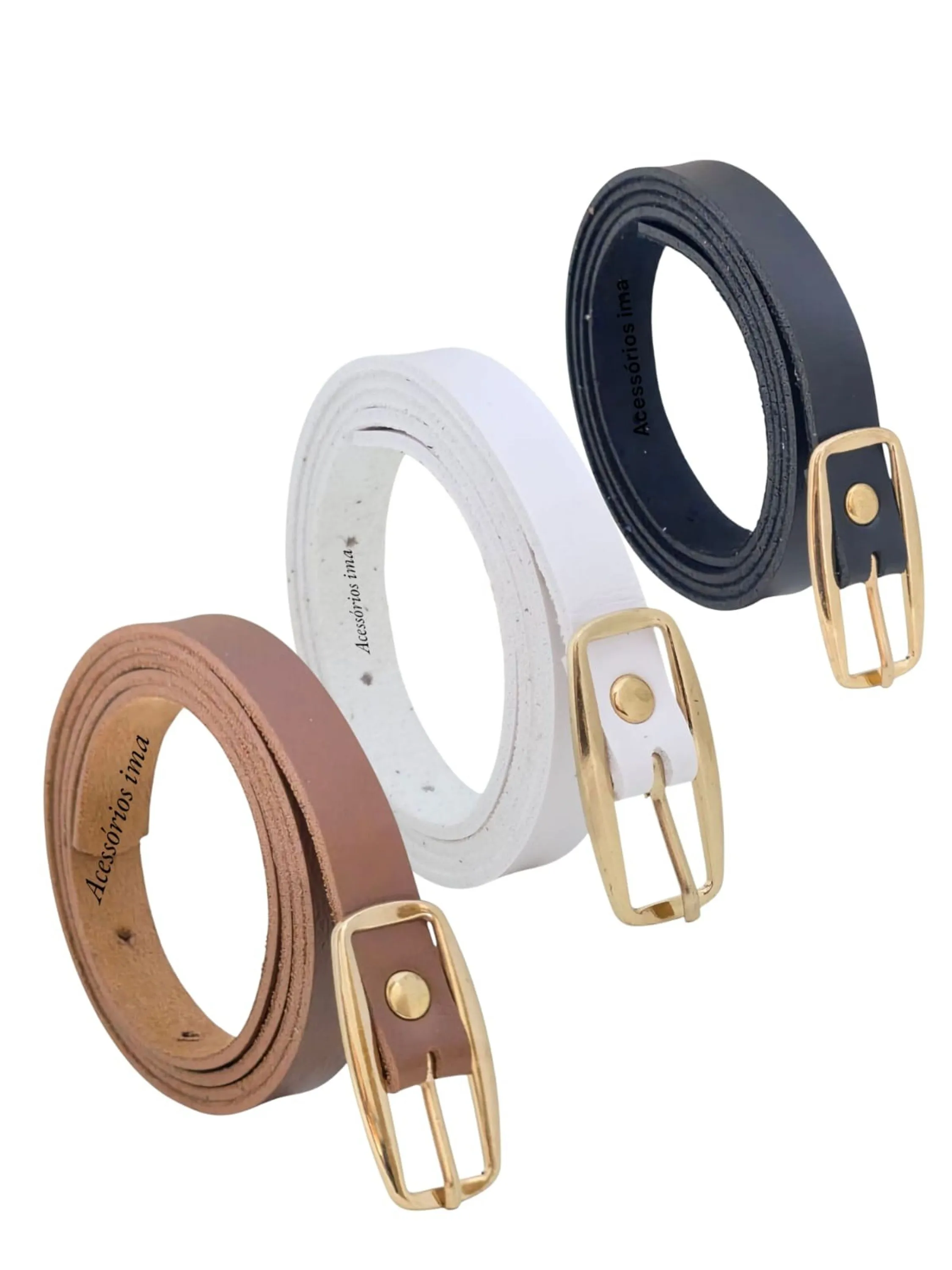 Kits de 3 cintos coloridos com fivela dourado