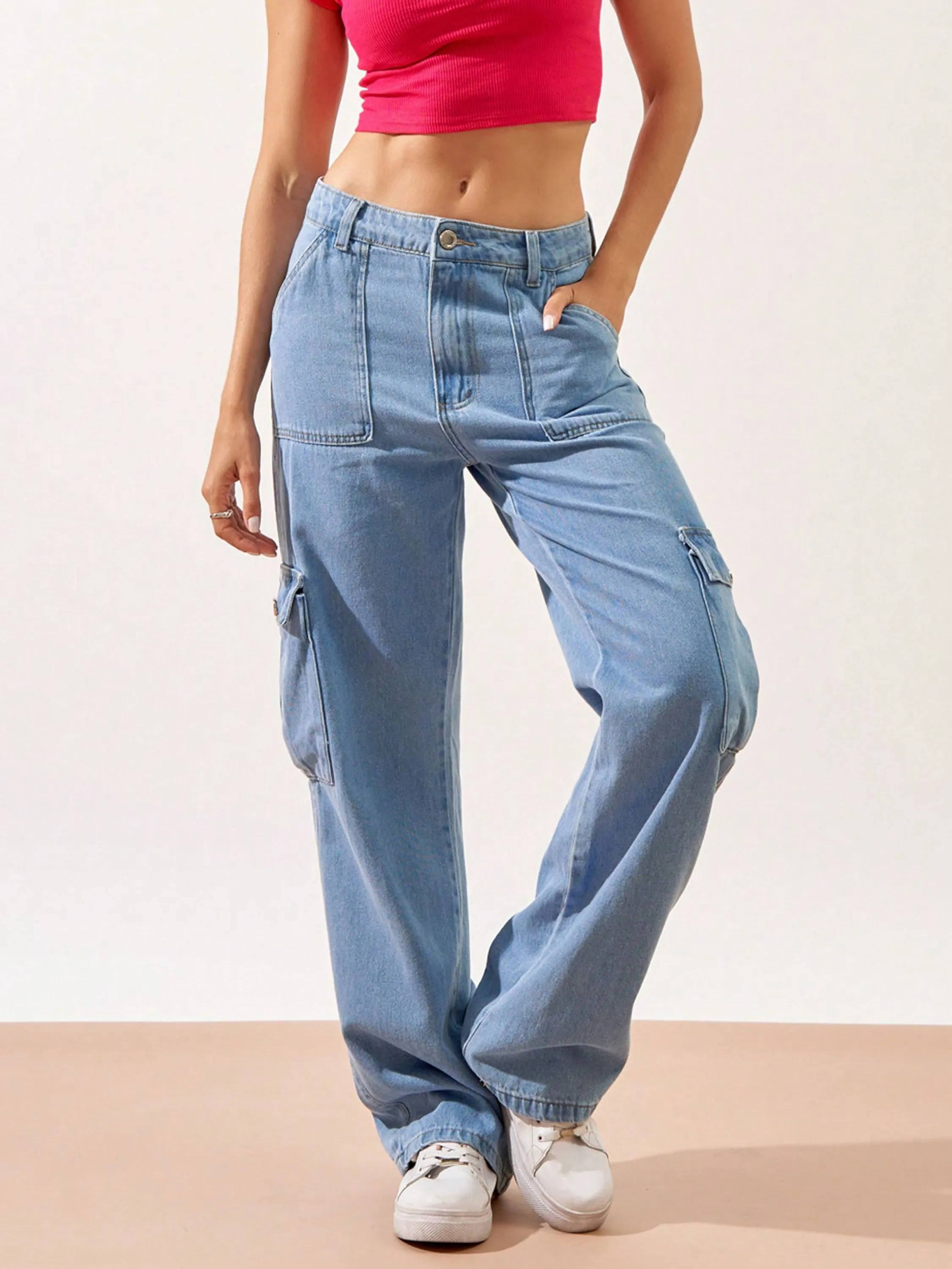 LM506 Calca jeans cargo cintura alta wide leg