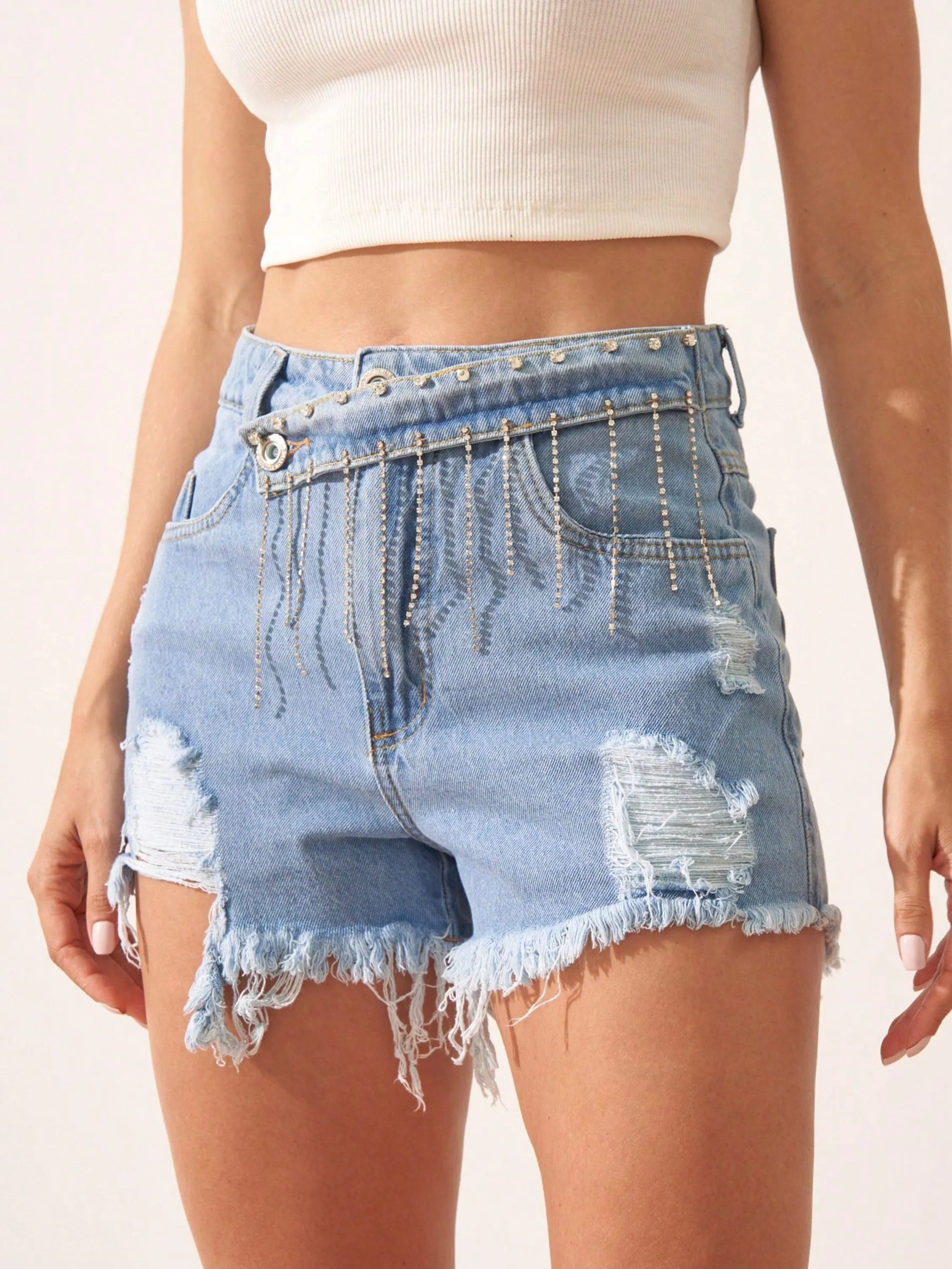 LM503 short jeans com cinto de strass pedraria brilhoso simples