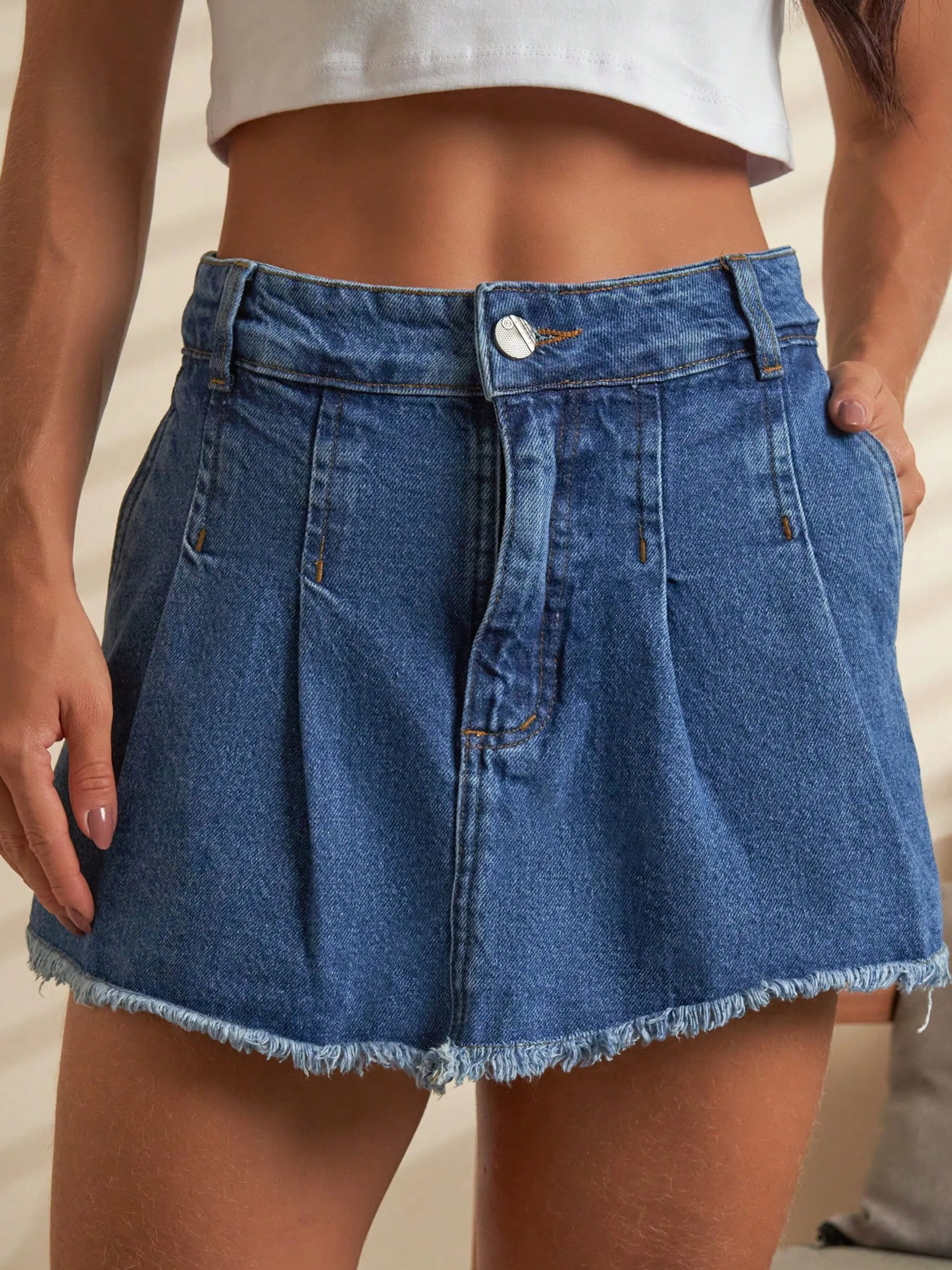 C12 Short Saia Jeans Pregas Plissado Simples