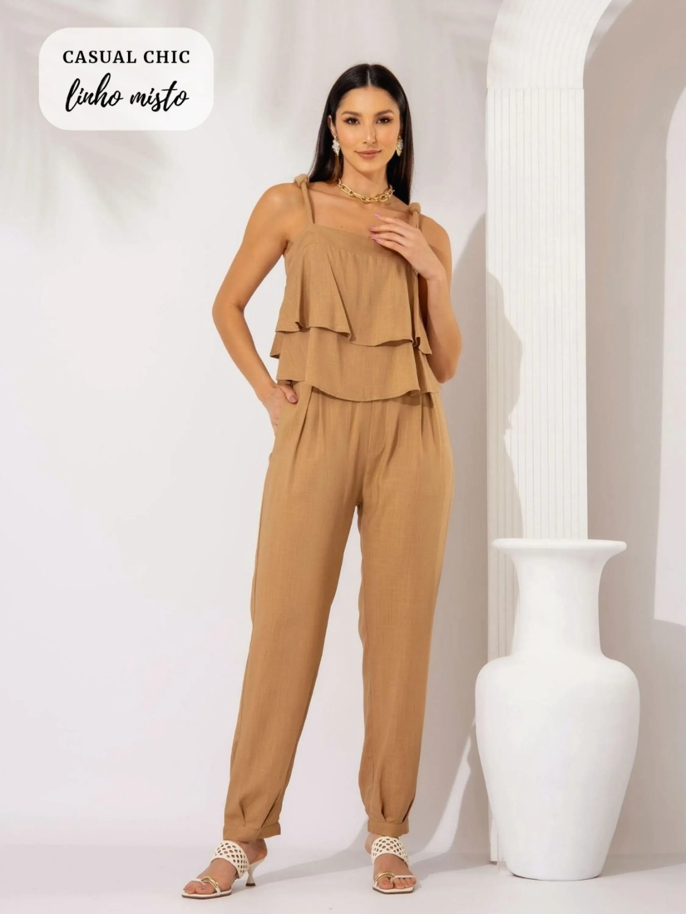 Conjunto regata e calça em linho misto AT3010