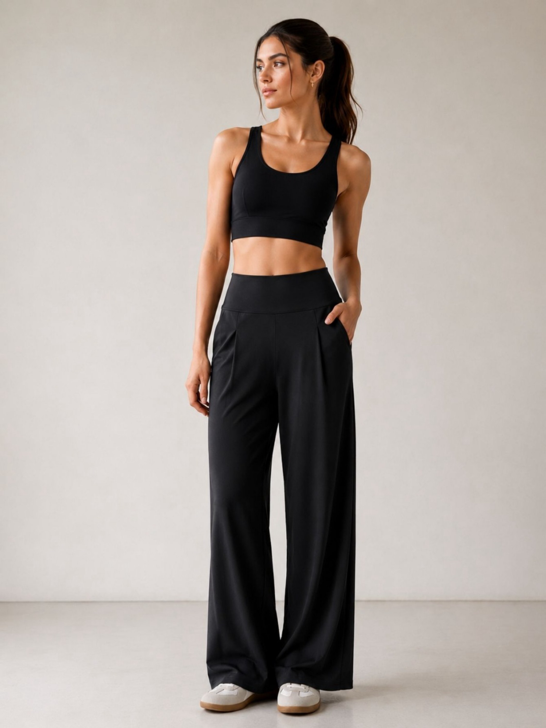 Calça wide leg pregas e bolsos FY1027