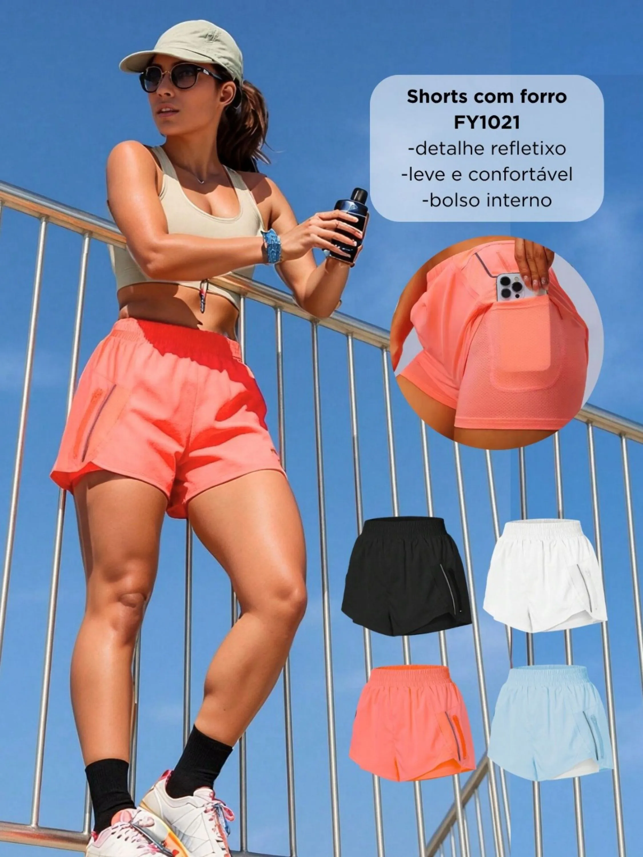 Shorts Detalhe Refletivo + Forro Interno com Bolso FY1021