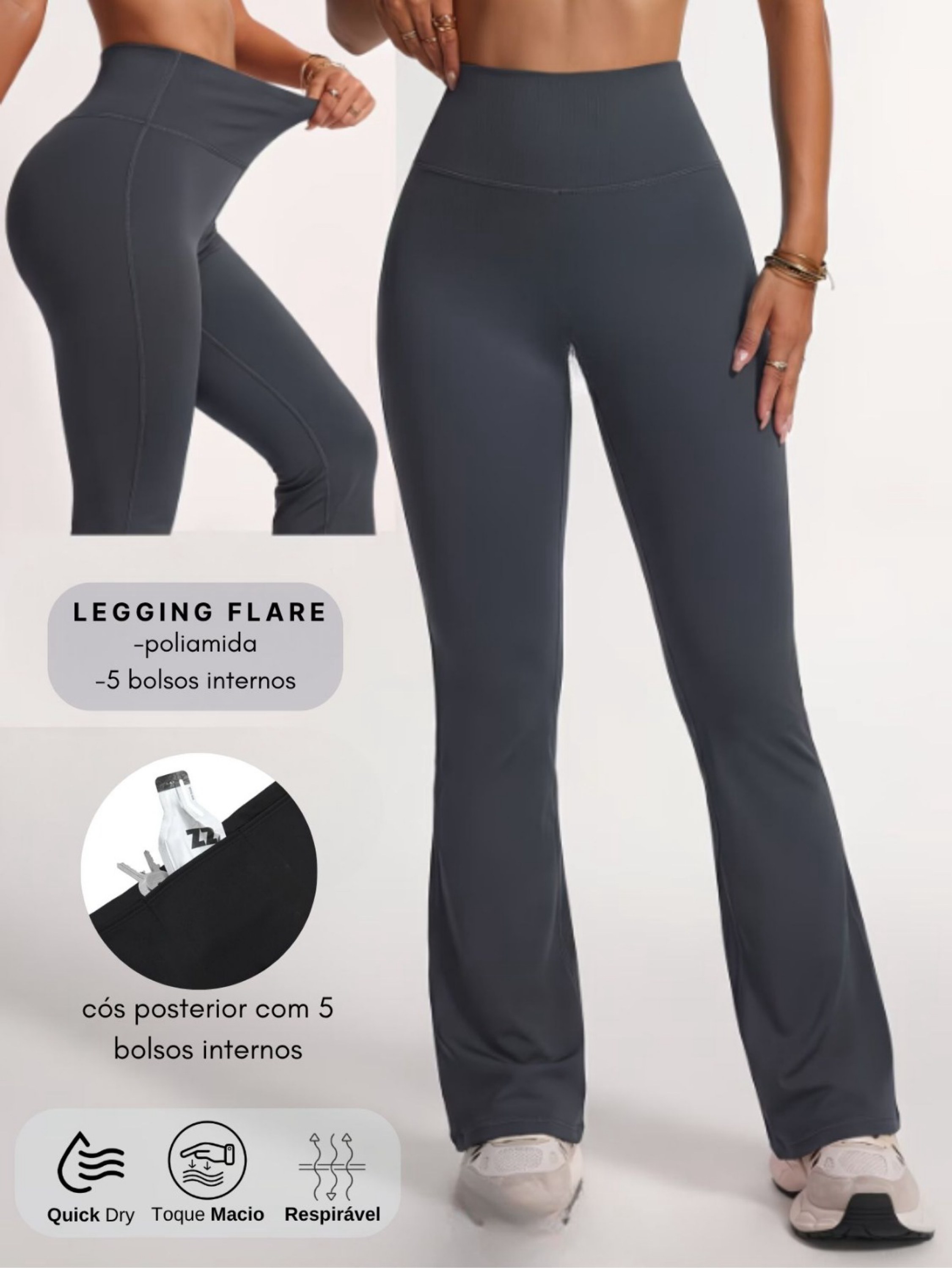 CALÇA LEGGING FLARE ENCORPADA COM 5 BOLSOS INTERNOS