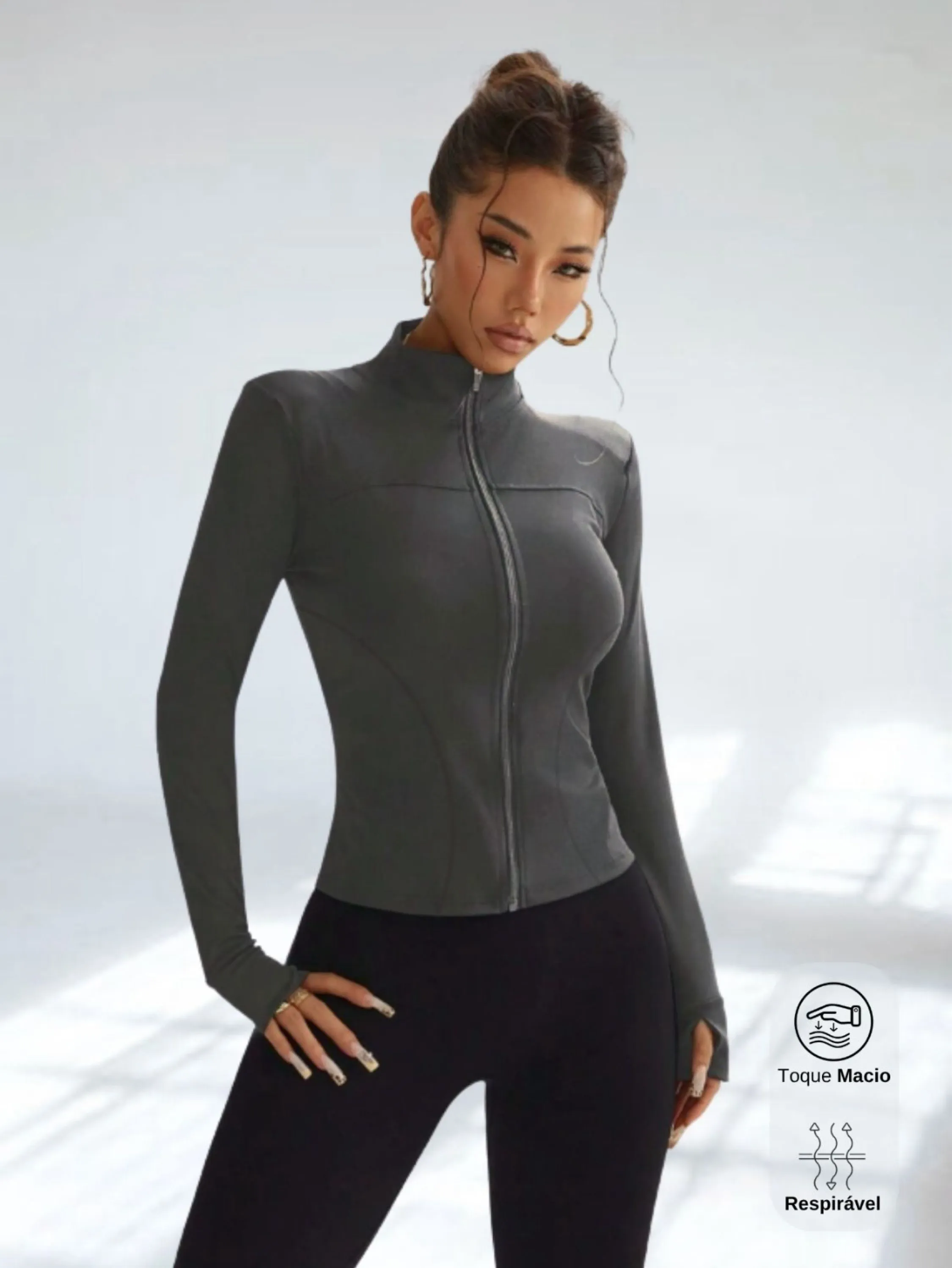 Jaqueta fitness zíper e dedeira L808