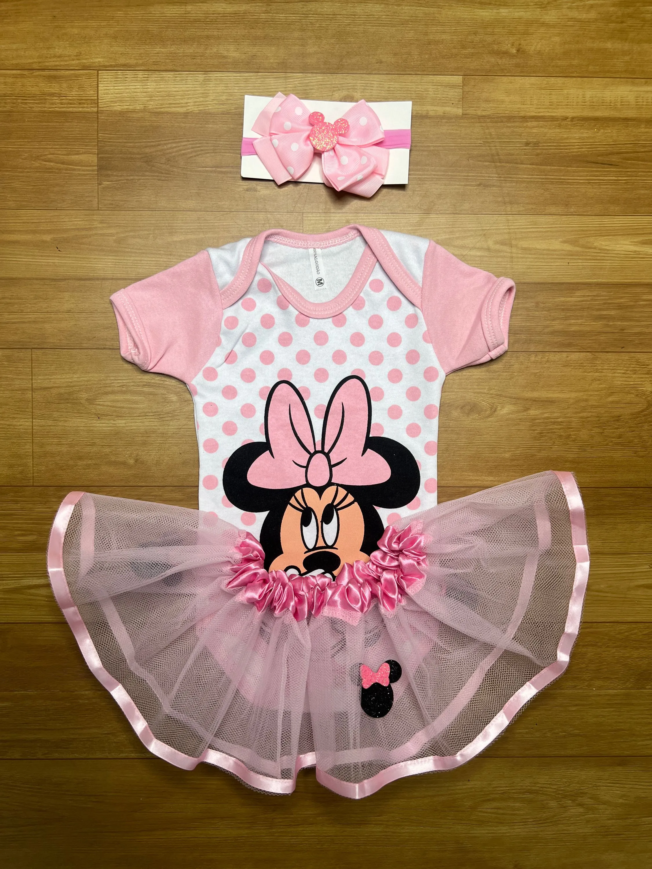 Body Minnie bebê tule + tiara revenda sucesso Shopee e ML