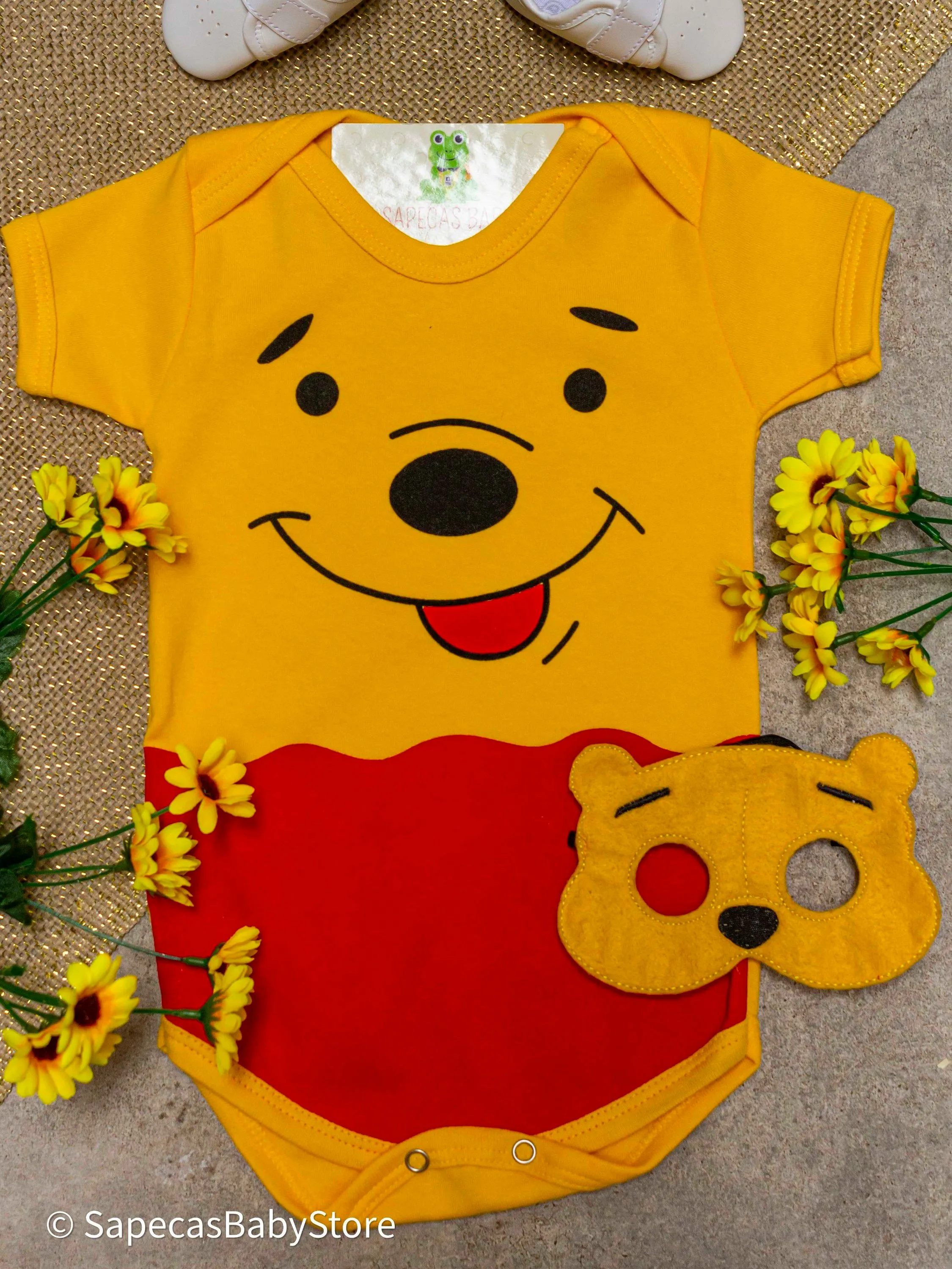 Kit Body Bebê Temático Com Máscara Ursinho Pooh