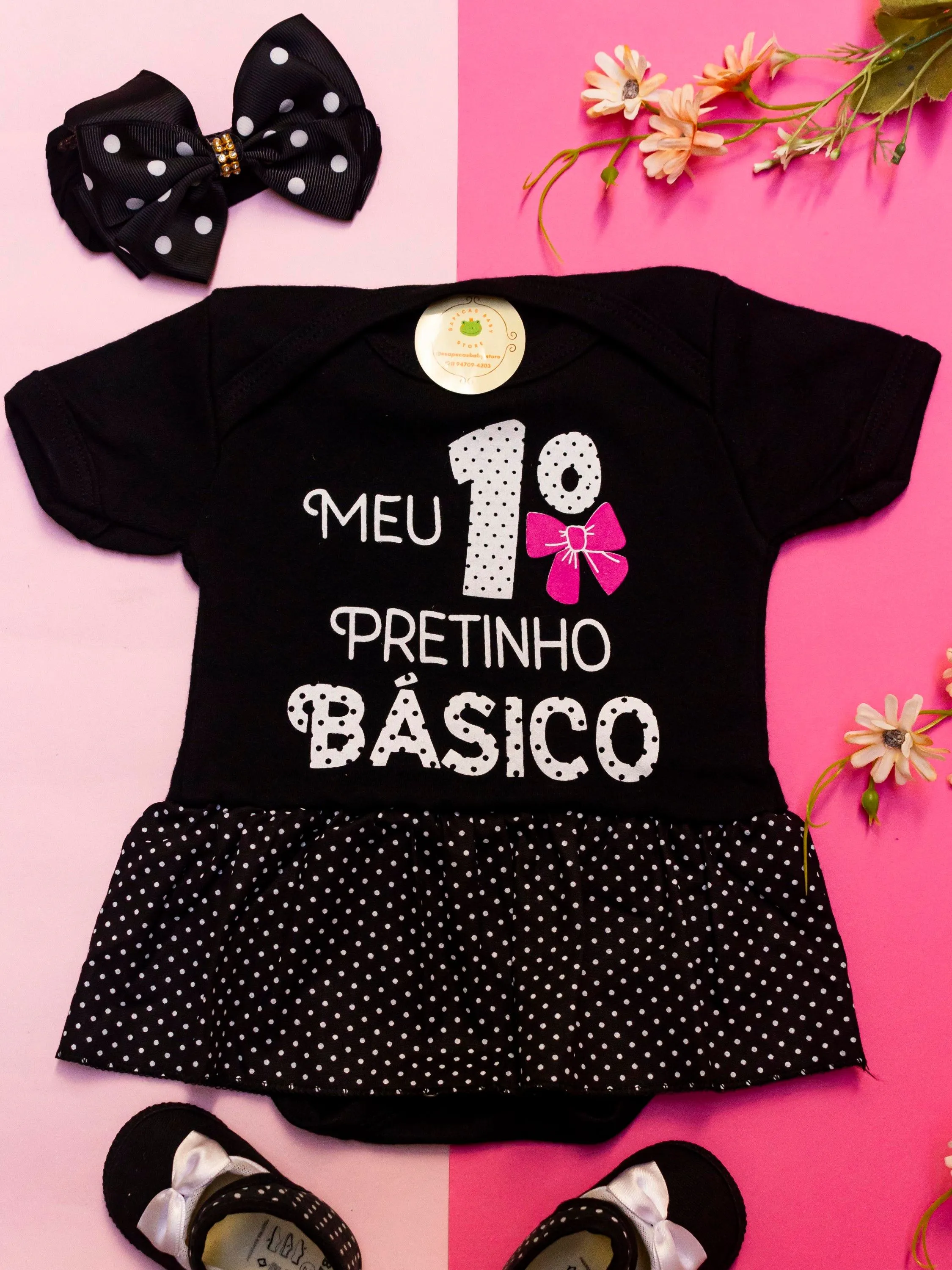 Kit Body Bebê Com Laço Meu Primeiro Pretinho Basico