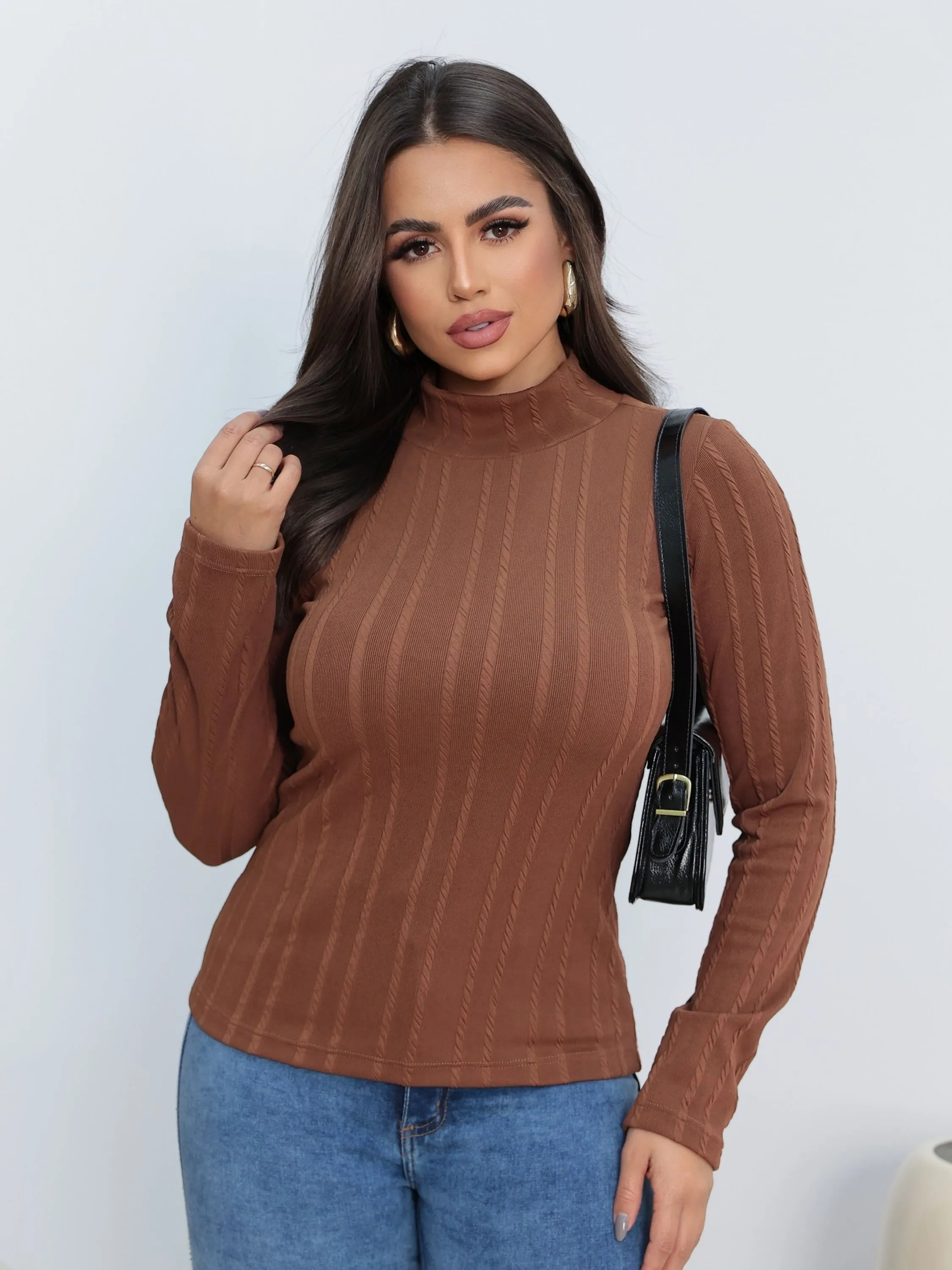 Blusa manga longa feminina gola alta
