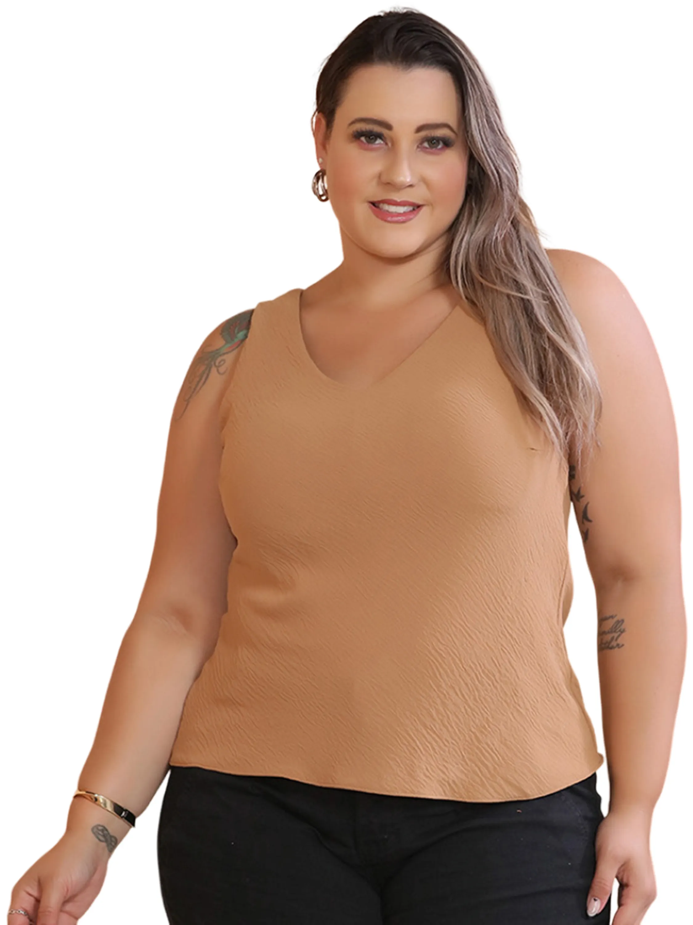 Blusa Decote V Plus Size Liso Feminina