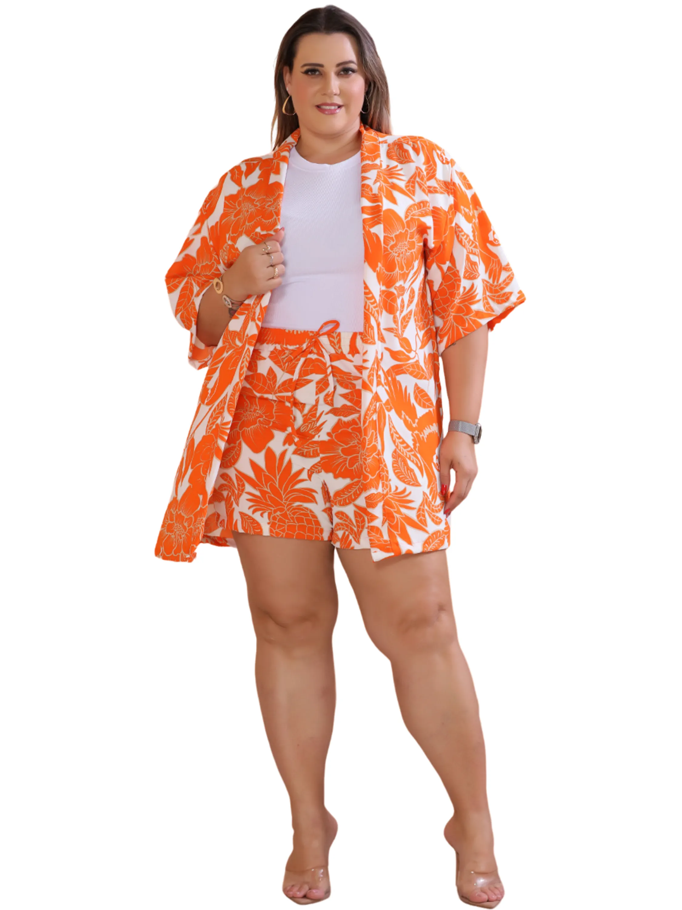 Conjunto Kimono 2Pçs Plus Size Estampas Feminina