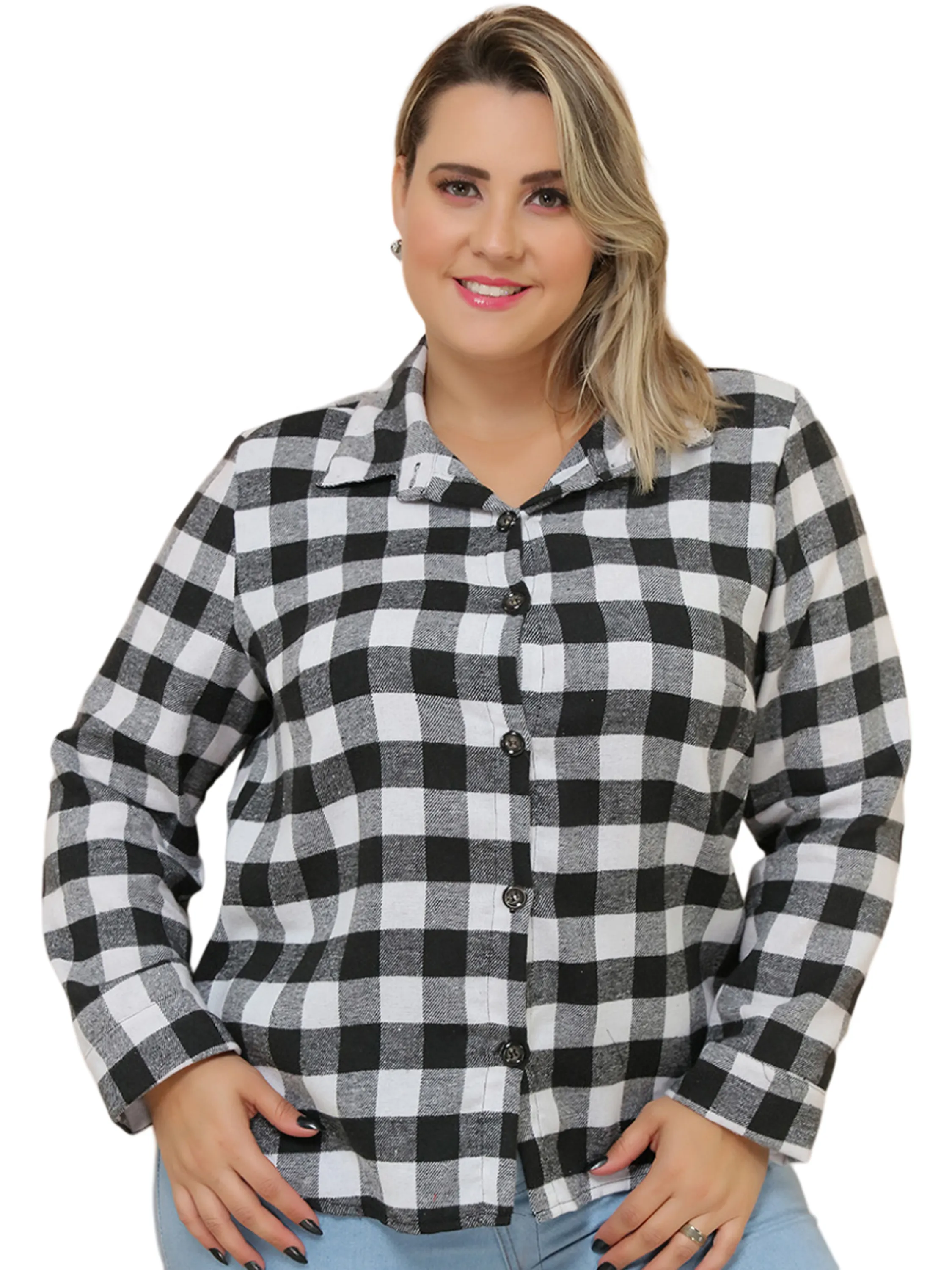 Blusa Xadrez Plus Size Feminina Manga Longa