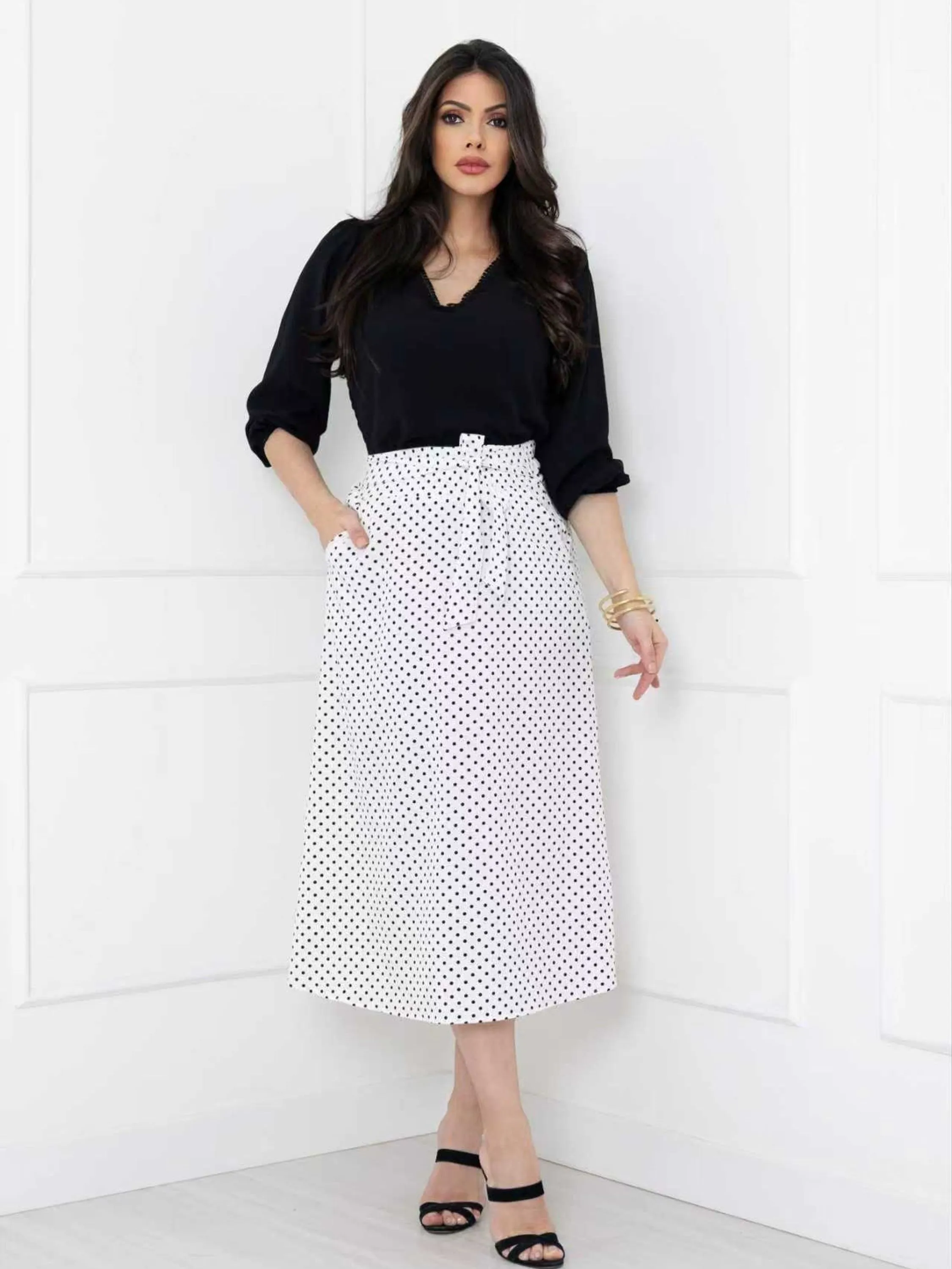 saia midi feminina estampada com forro tecido crepinho