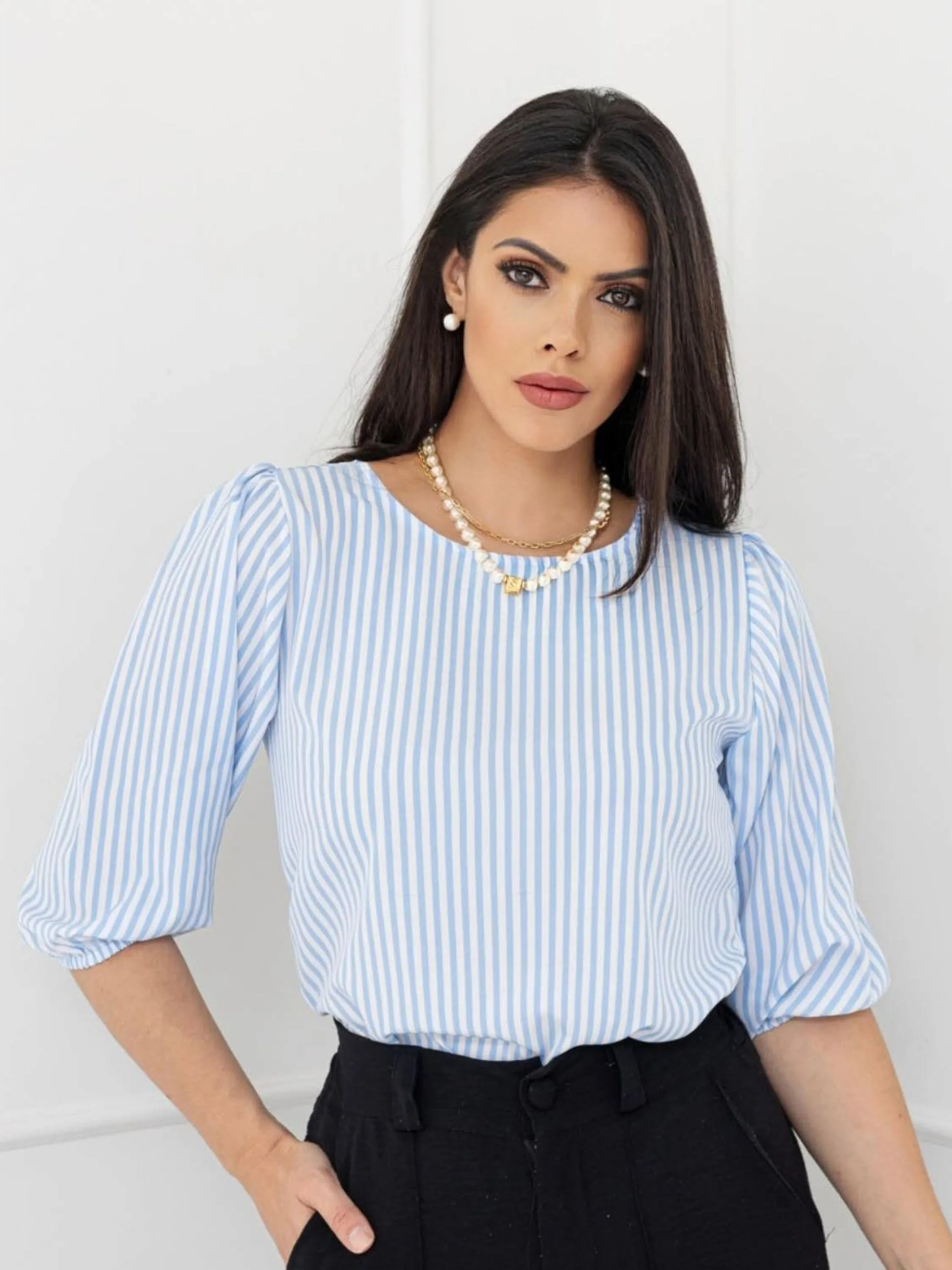 blusa feminina listrada manga 3/4 tecido crepinho