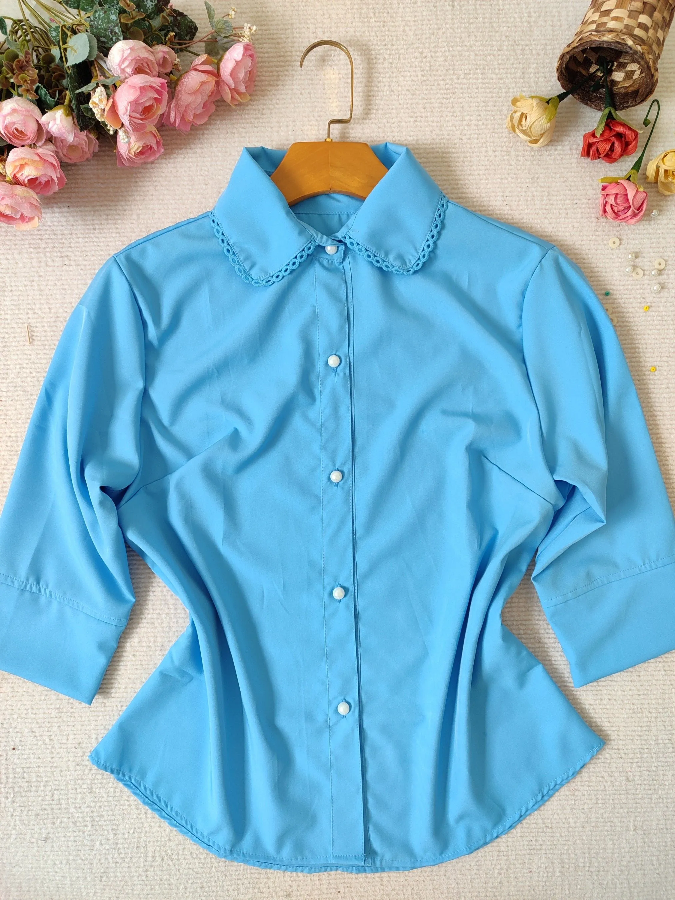 Camisa social feminina manga 3/4 tecido crepinho