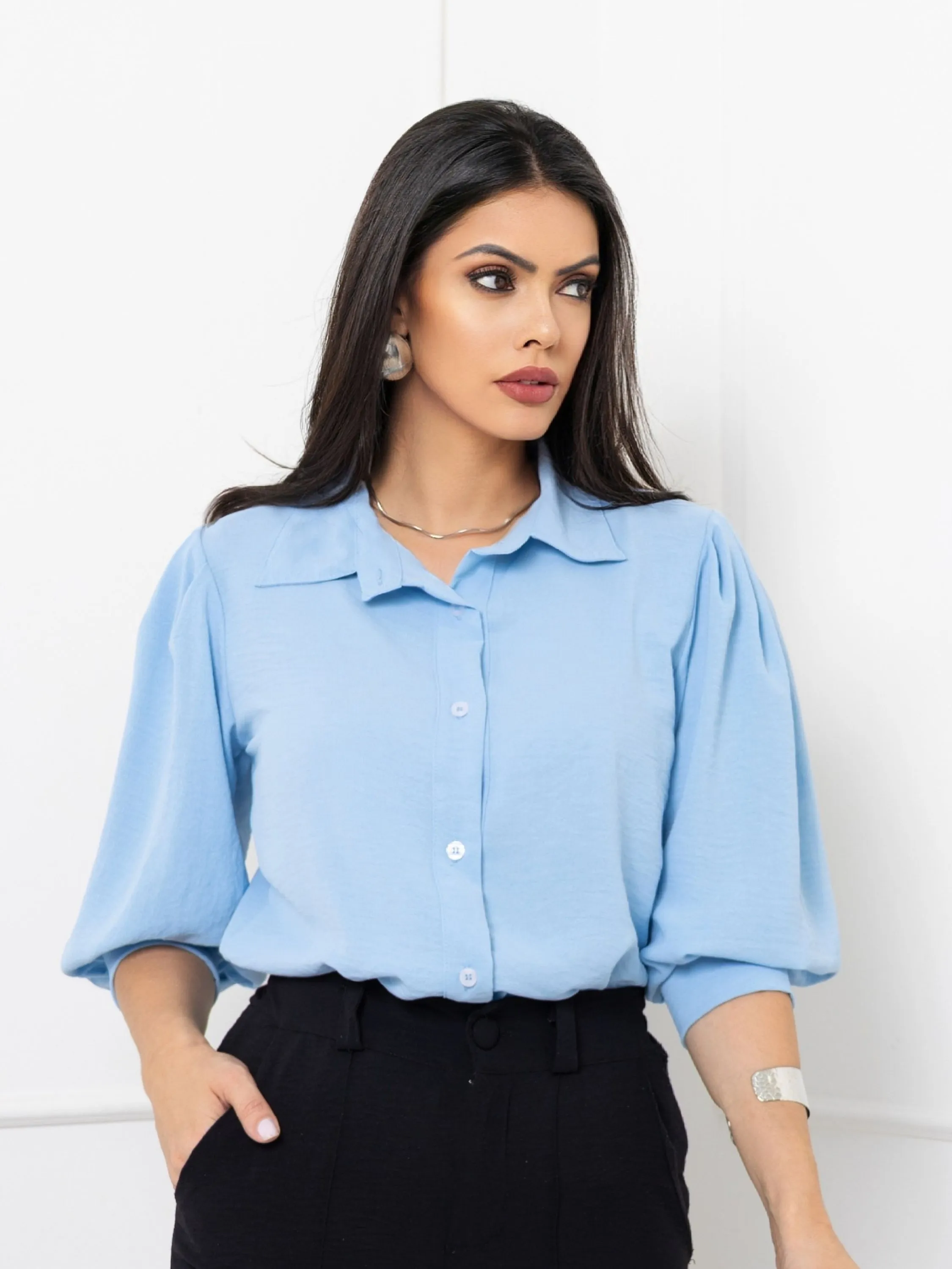 blusa camisa feminina manga3/4 com botao tecido duna