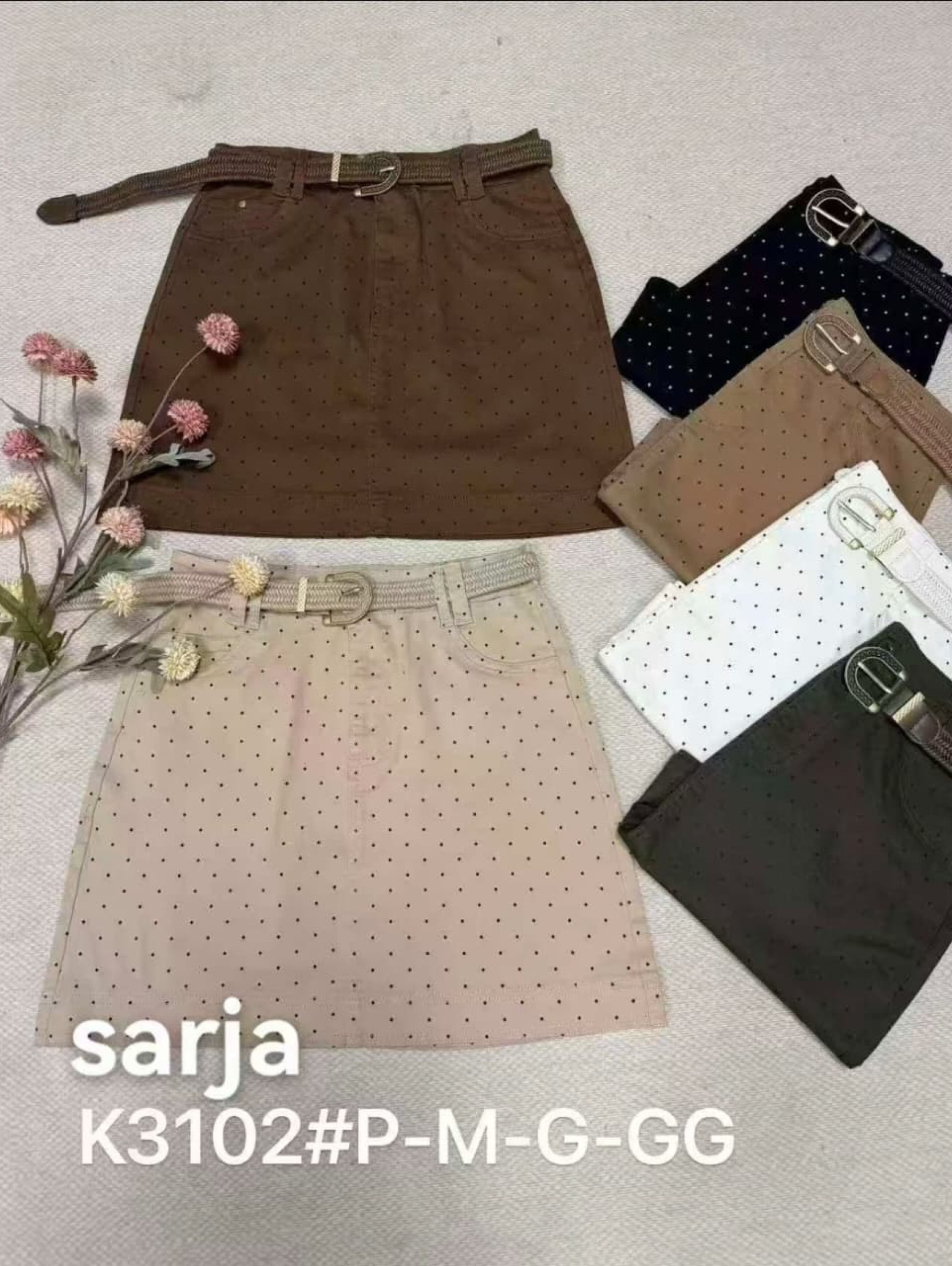 saia de sarja de bolinha com cinto importado