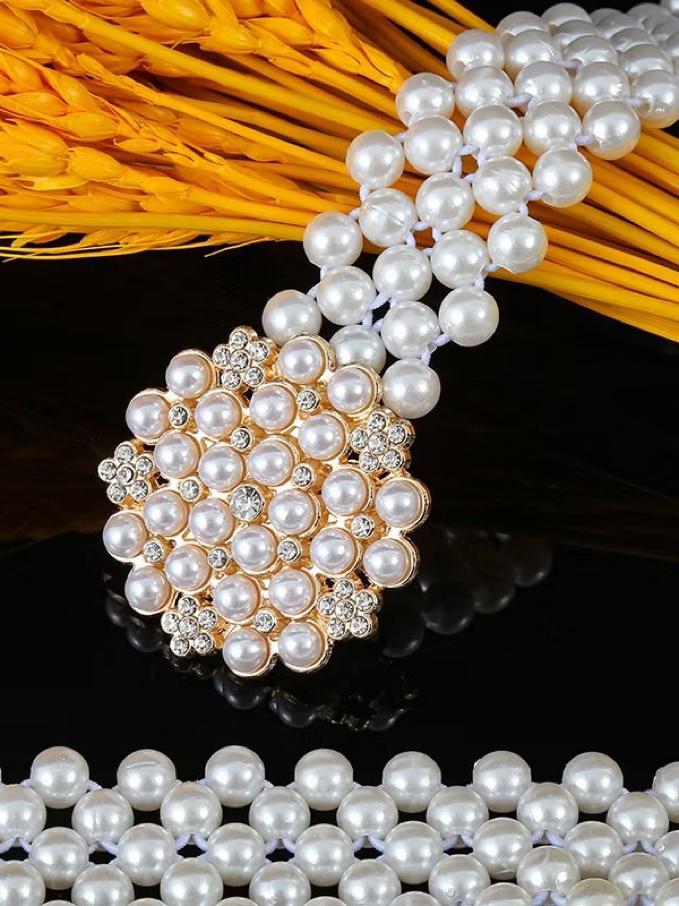 Pérolas Fivela Dourada Feminino Cinto Elástico