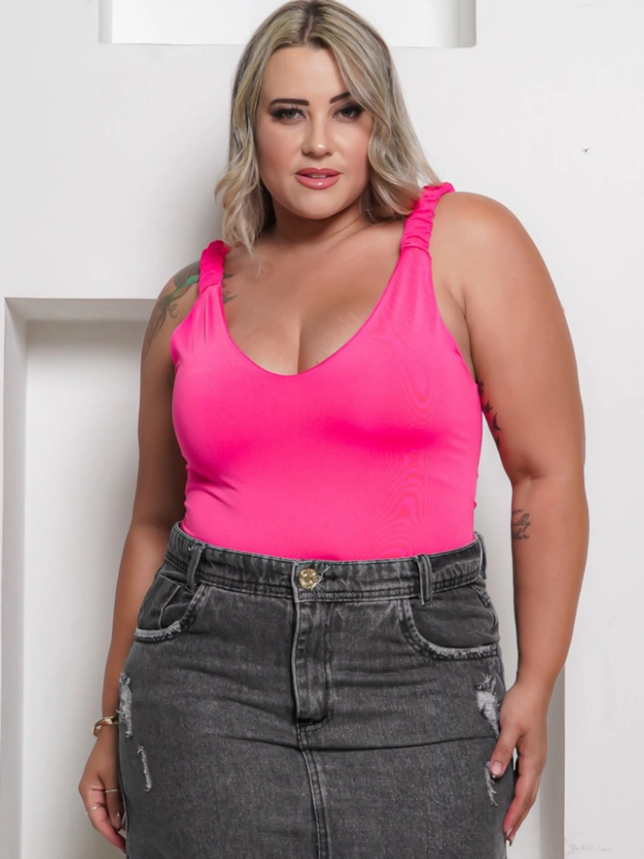 Body Plus Size Alça Franzida Suplex com Bojo