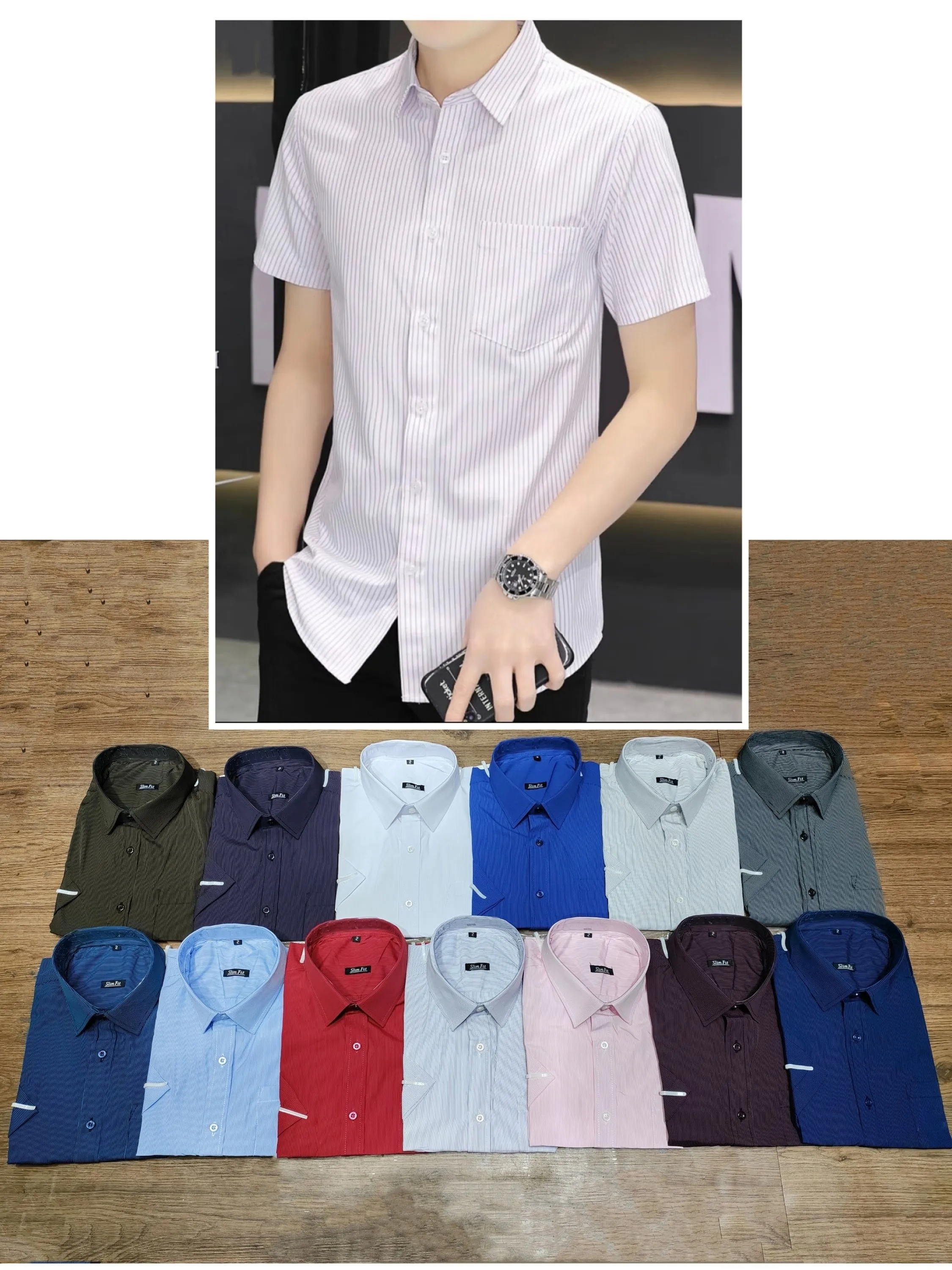 Camisa Social Masculina Manga curtas Slim Fit Com Bolso