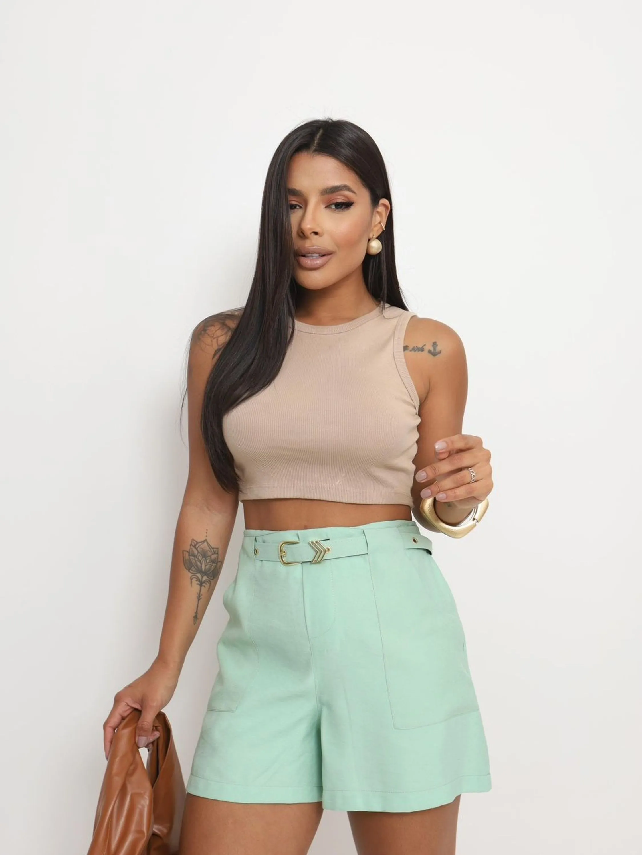 Short Feminino Com Cinto Alfaitaria M ao GG