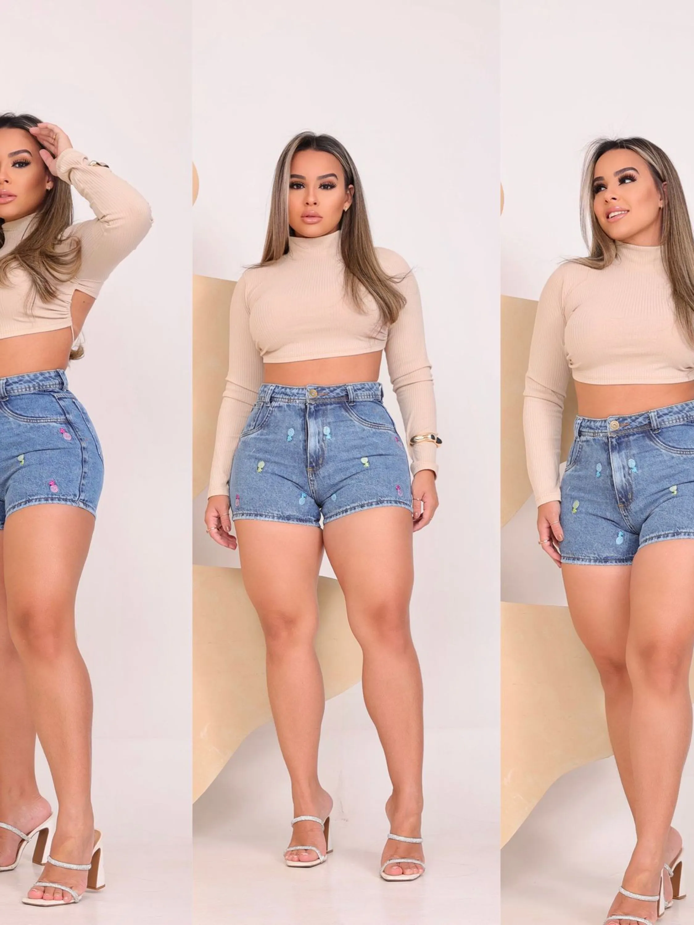 Short jeans feminino sem elastano bordado